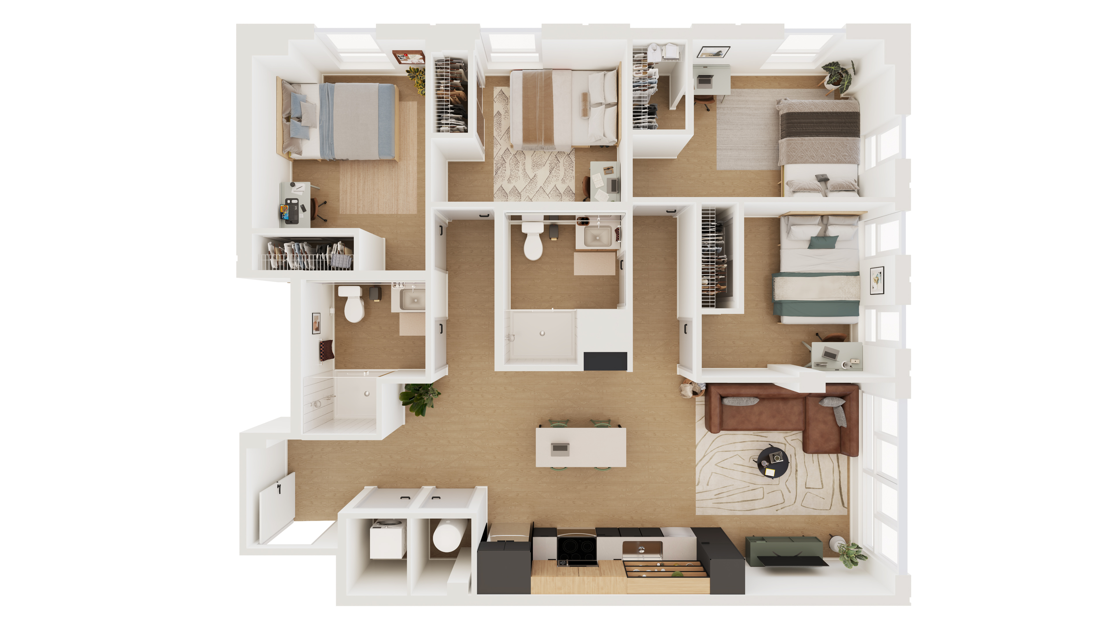 Inviting 3-bedroom apartment floor plan showcasing a spacious open-concept living area, a modern kitchen, and two sleek bathrooms, ideal for contemporary living.