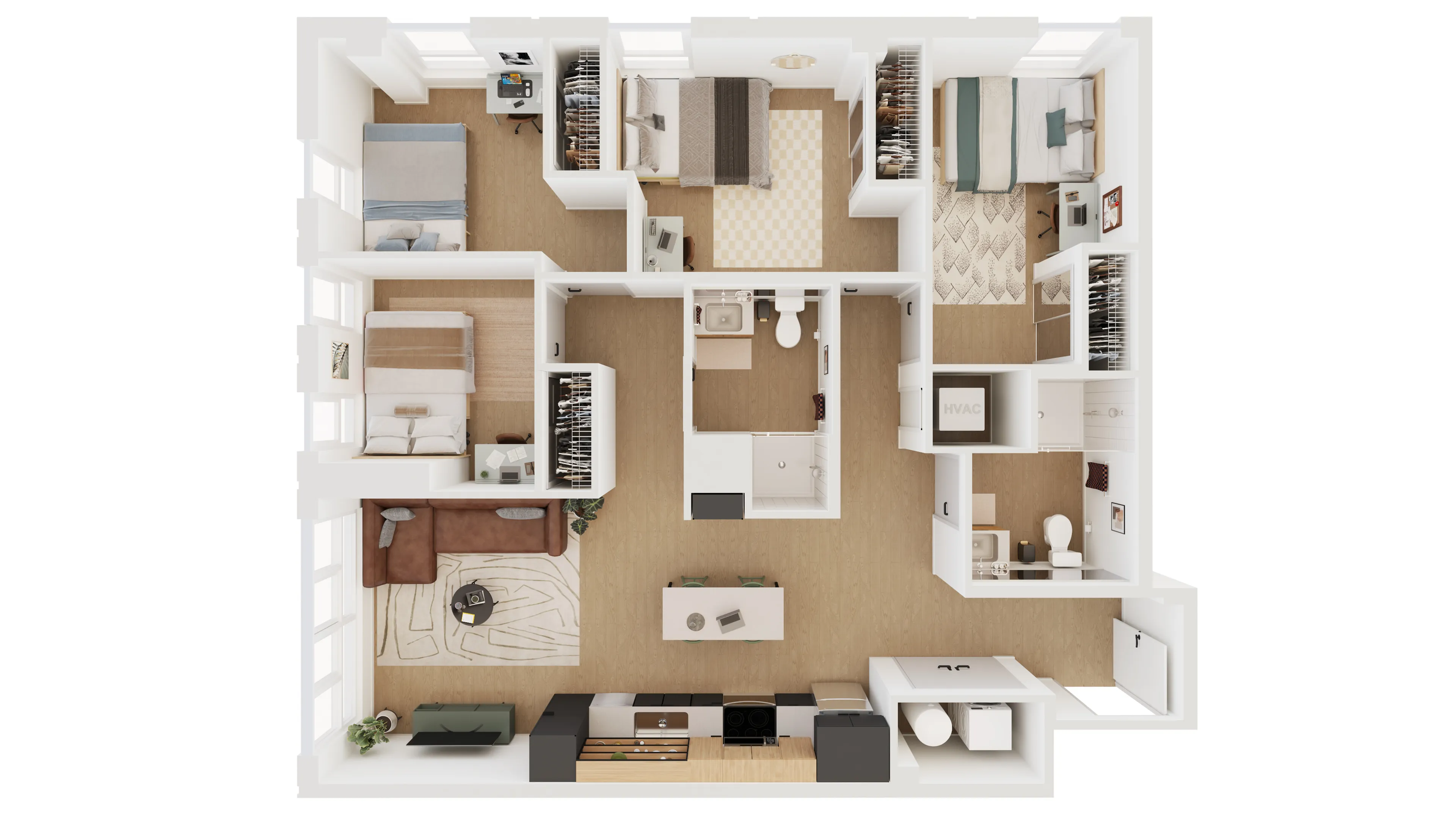 Modern floor plan showcasing 3 cozy bedrooms, an inviting open-concept living room, a sleek kitchen, and well-organized storage spaces.