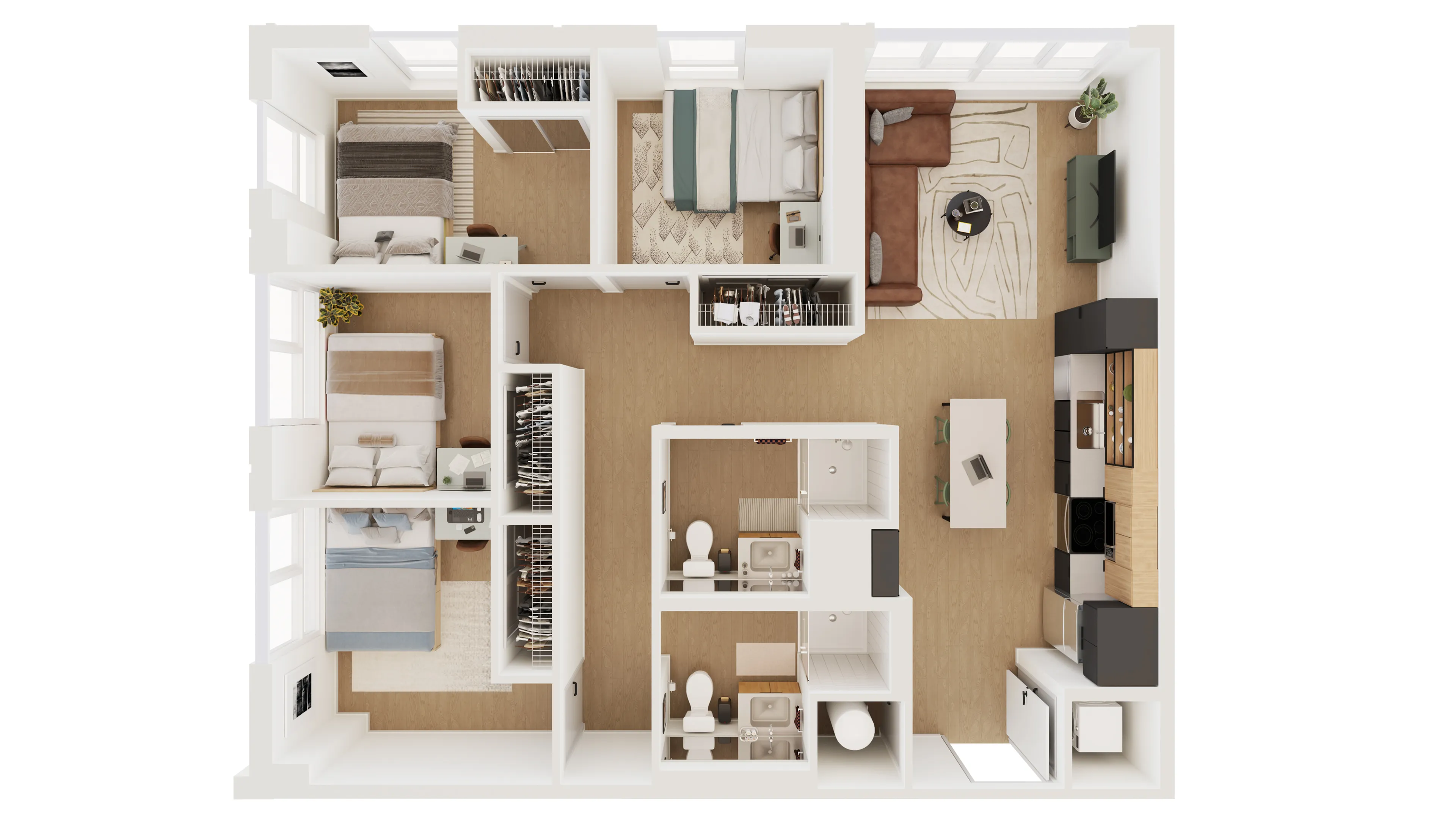 Modern floor plan showcasing 3 bedrooms, cozy living room, sleek kitchen, and 2 bathrooms in a functional layout.