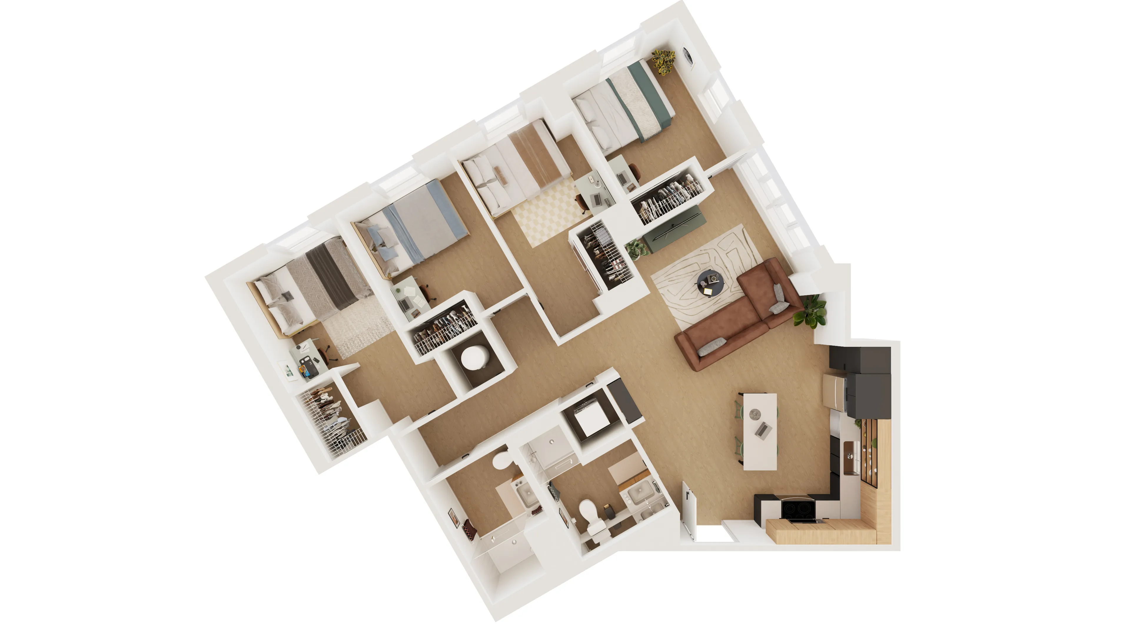 Elegant 3D floor plan showcasing three bedrooms, a modern open-concept kitchen, and a cozy living area with stylish furnishings.