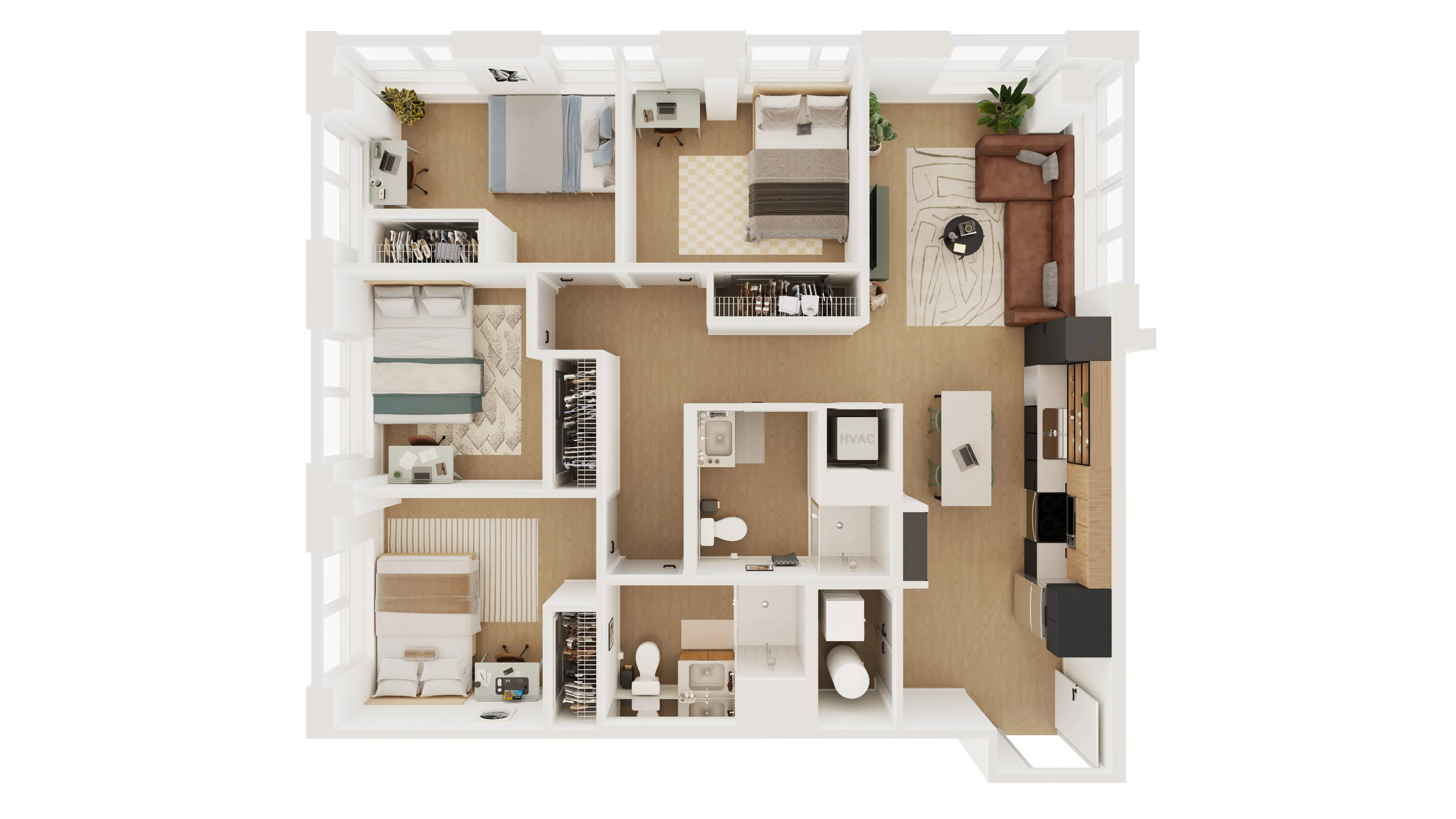 Modern 2D apartment floor plan with three cozy bedrooms, open-concept living and kitchen areas, and sleek hardwood floors. Ideal for spacious urban living.