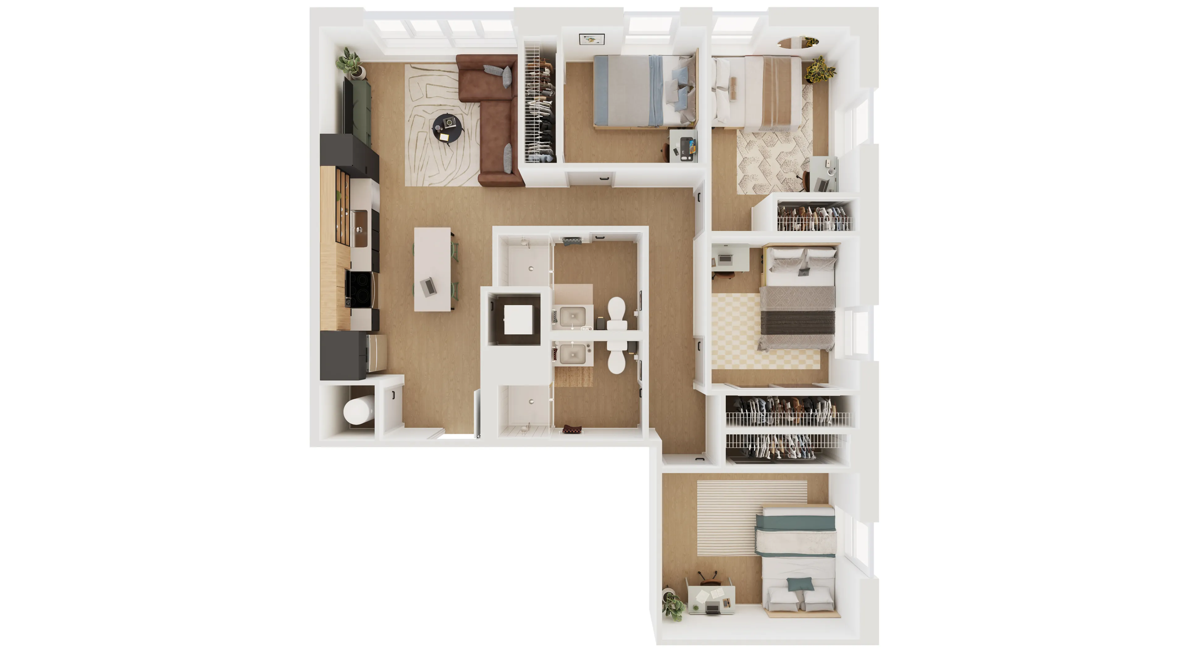 Modern floor plan showcasing a spacious layout with three bedrooms, open-concept living area, stylish kitchen, and abundant natural light.