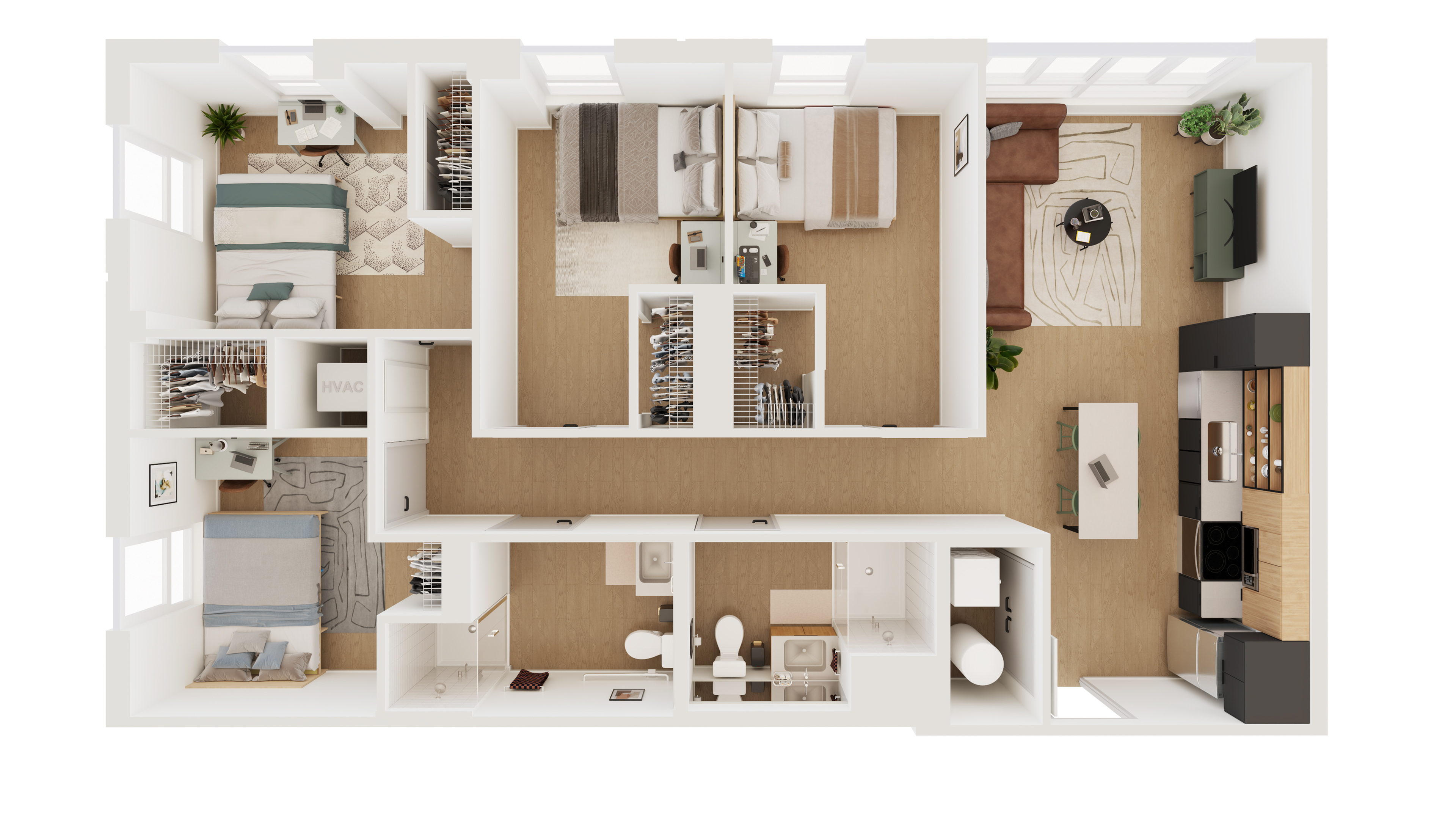 Modern apartment floor plan with three spacious bedrooms, elegant open-concept kitchen, stylish living area, and two contemporary bathrooms.