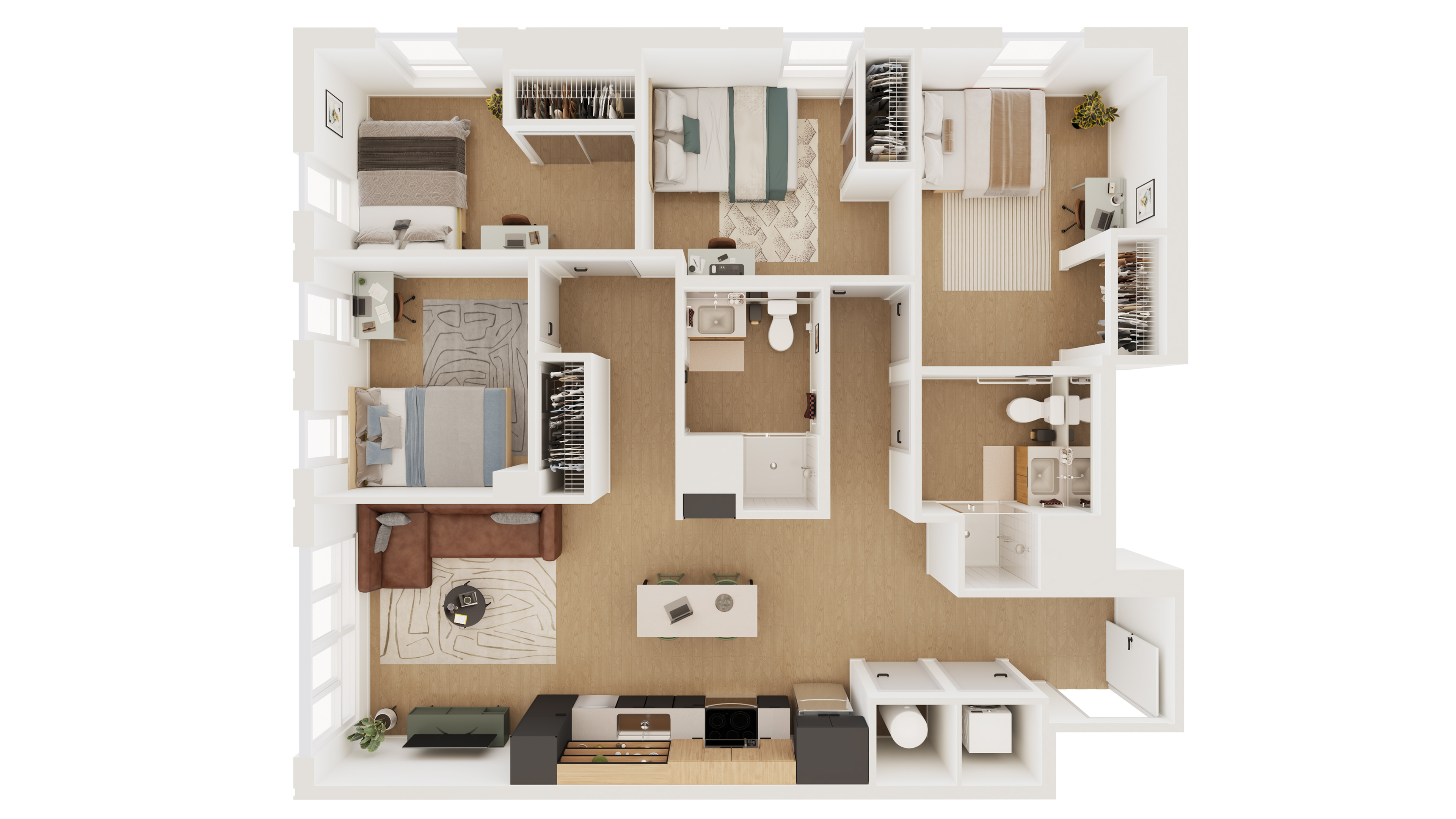 Welcoming 3D floor plan showcasing three elegant bedrooms, a modern kitchen, and a spacious living area with abundant natural light.