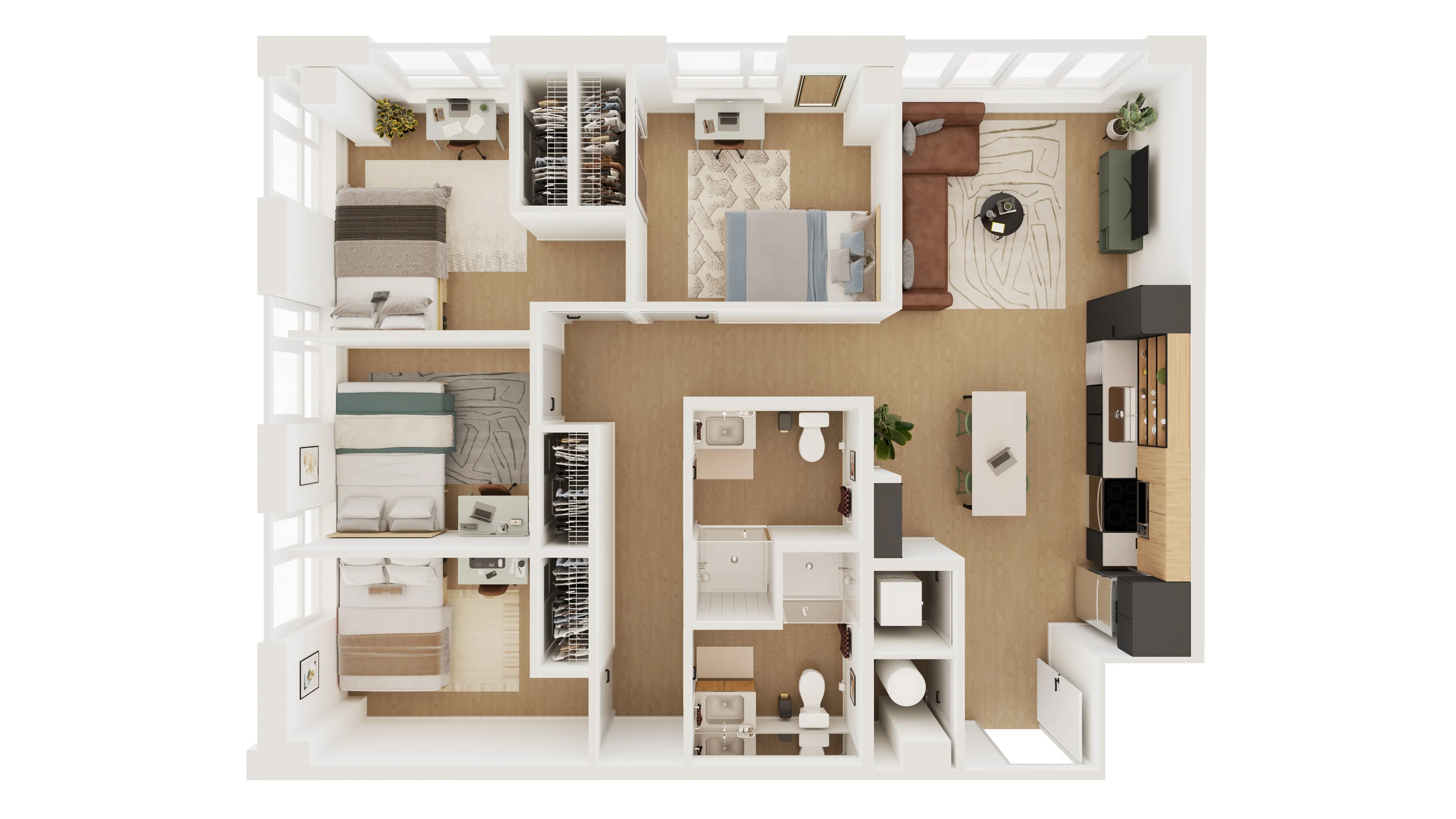 Contemporary 3-bedroom apartment floor plan with open living space, modern kitchen, and two elegant bathrooms.