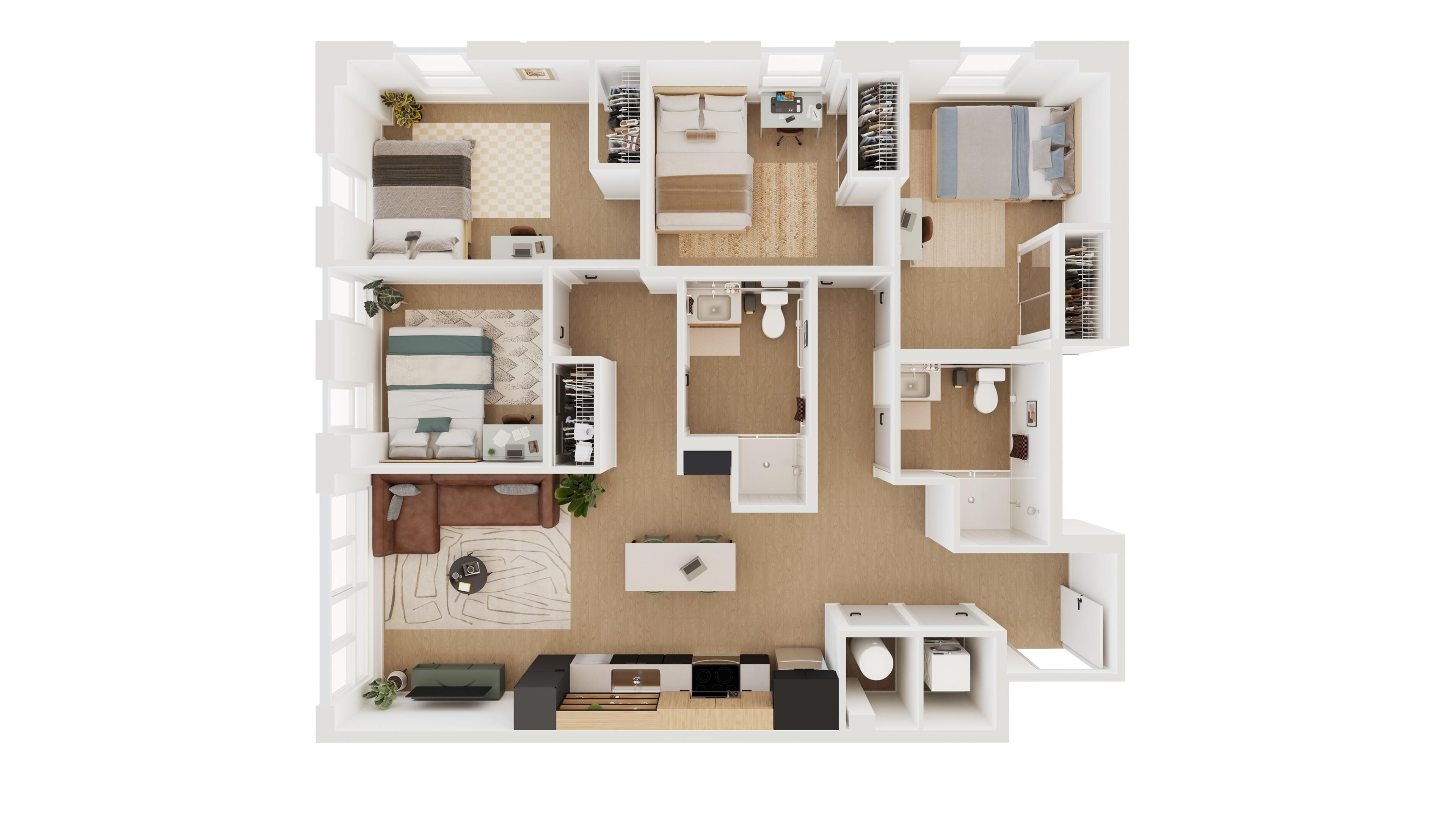 Modern floor plan showcasing 3 bedrooms, a cozy living area, and a sleek kitchen, offering comfortable and stylish living.