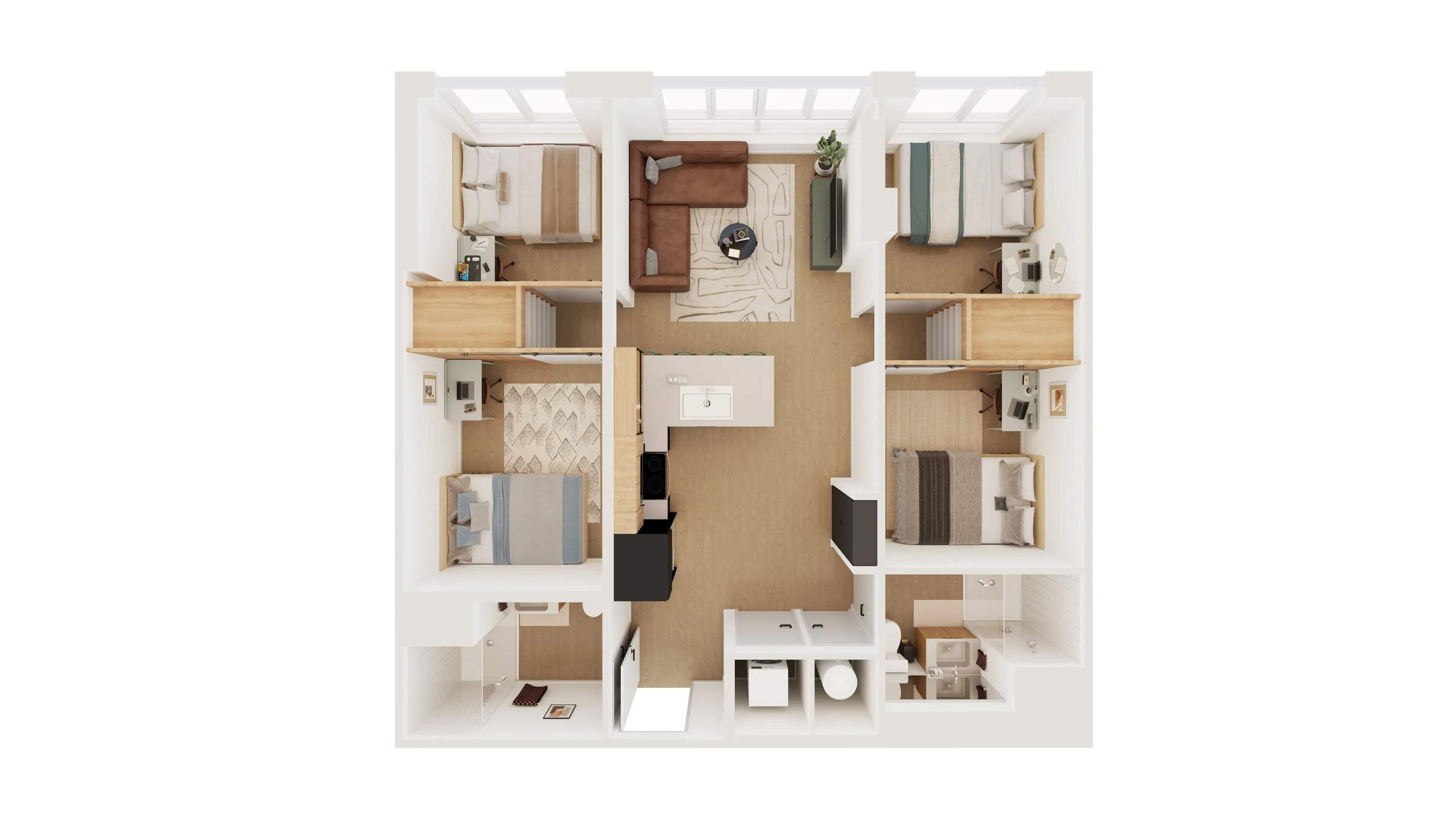 Elegant 3D floor plan showcasing three bedrooms, a cozy living area, modern kitchen, and functional bathroom layout.