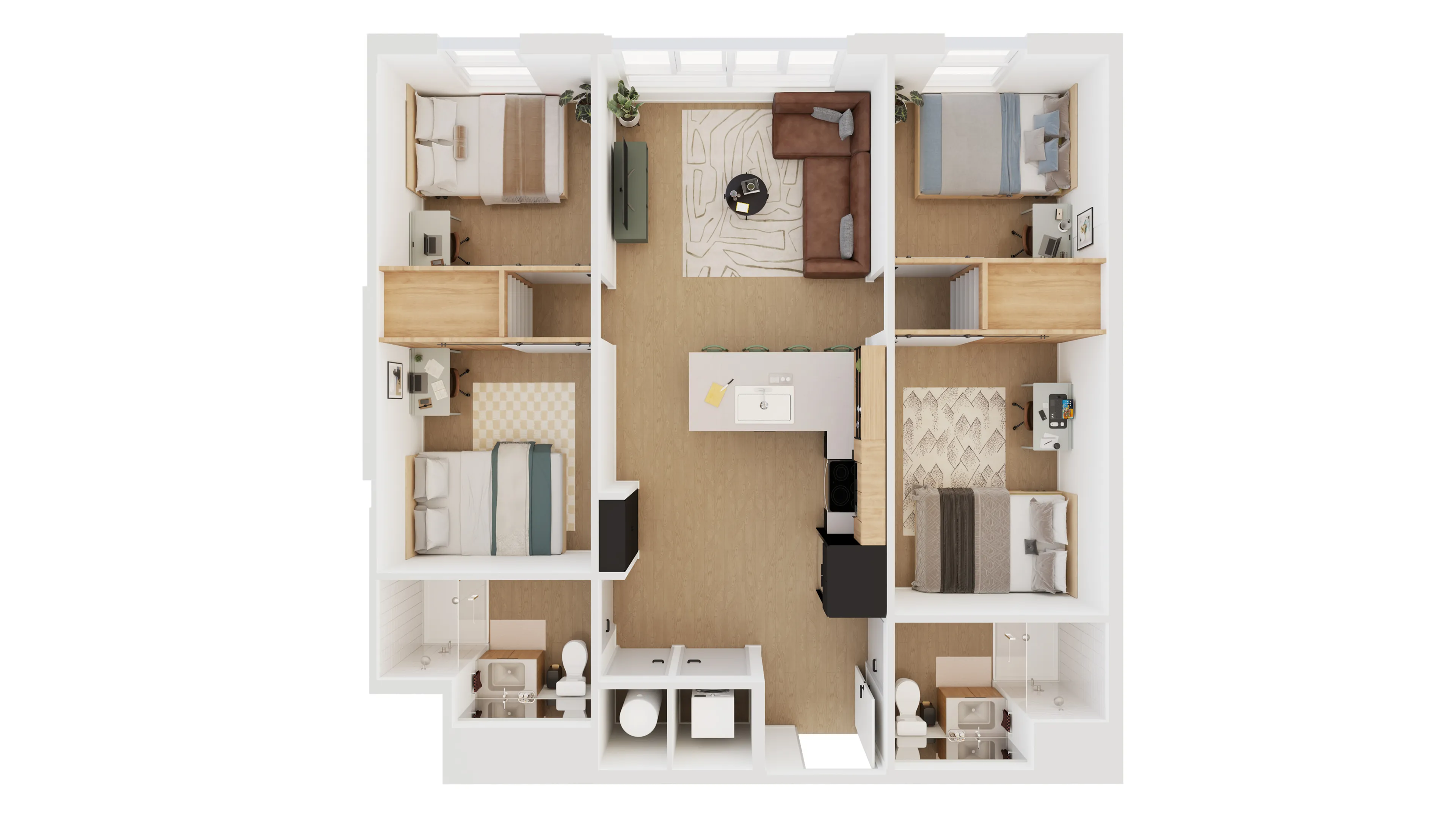 Modern 3-bedroom apartment floor plan with a spacious open-concept living area, stylish kitchen with island, and natural light throughout.