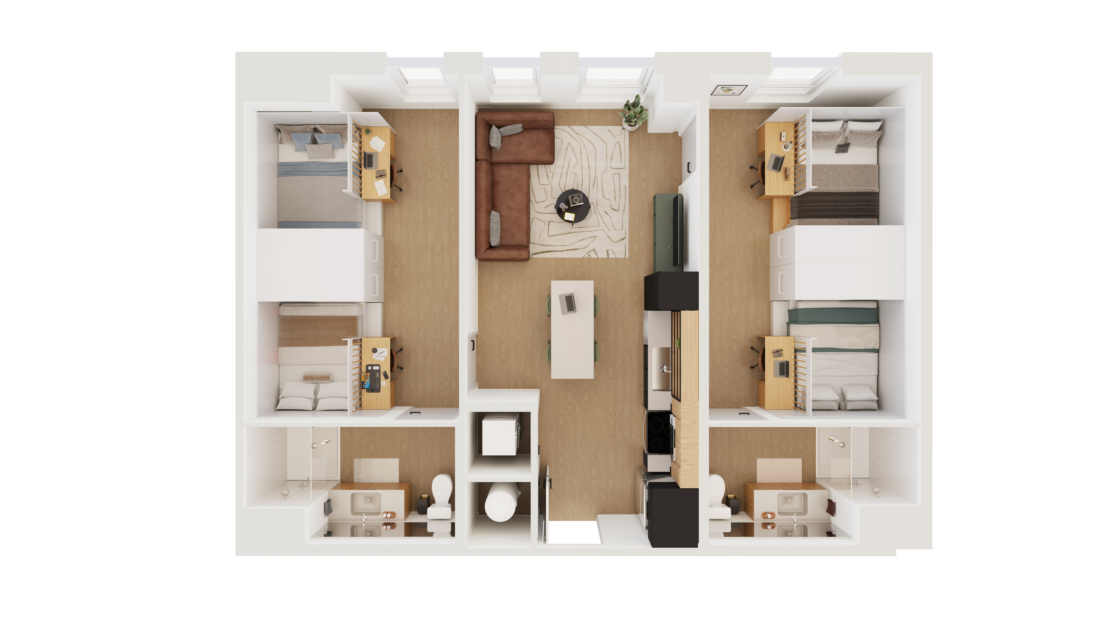 Modern floor plan showcasing a sleek 3-bedroom apartment with a cozy living area, stylish kitchen, and two elegant bathrooms.