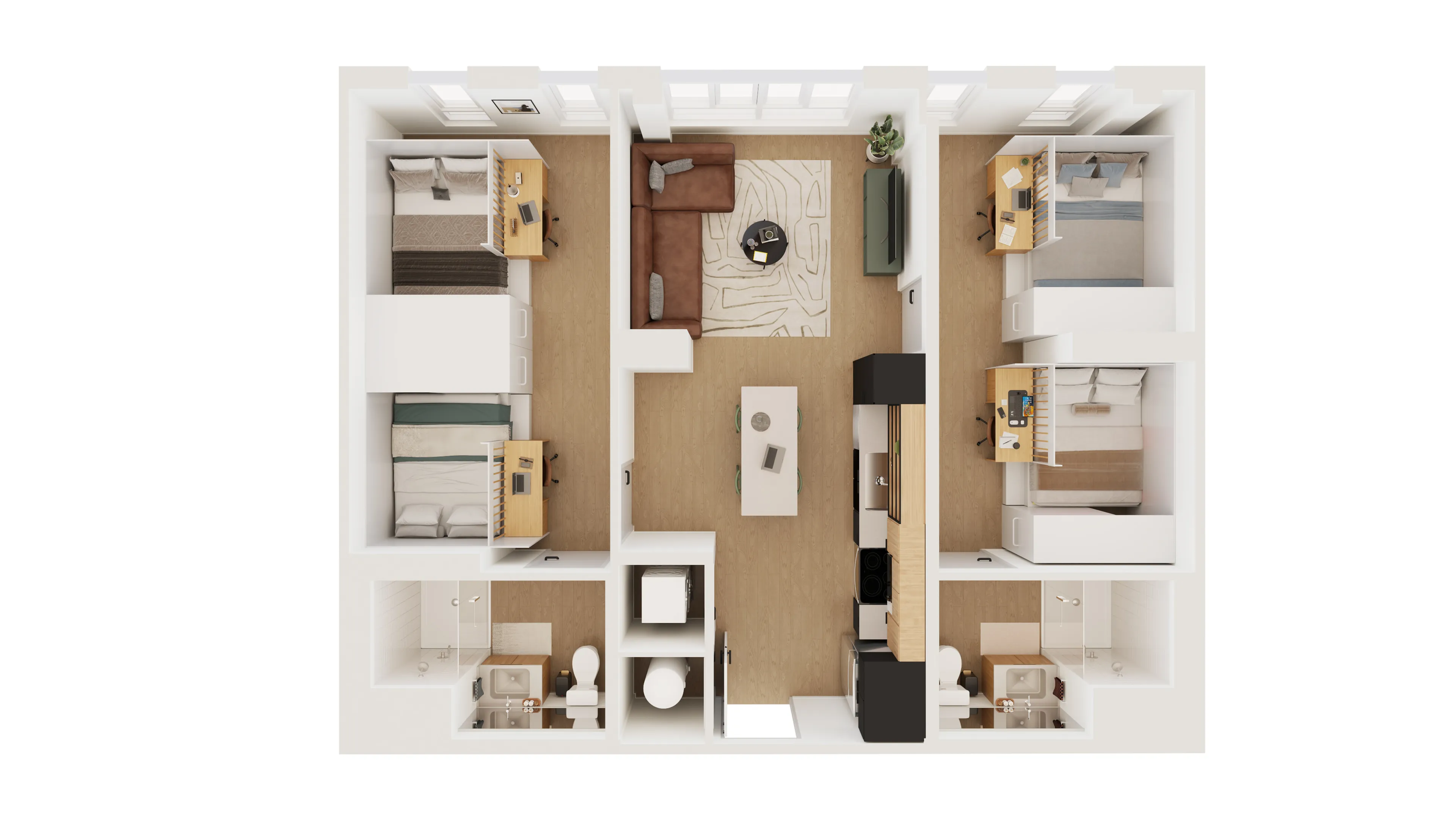 Modern 3-bedroom apartment floor plan featuring an open-concept living area, cozy furniture, and a sleek kitchen design.