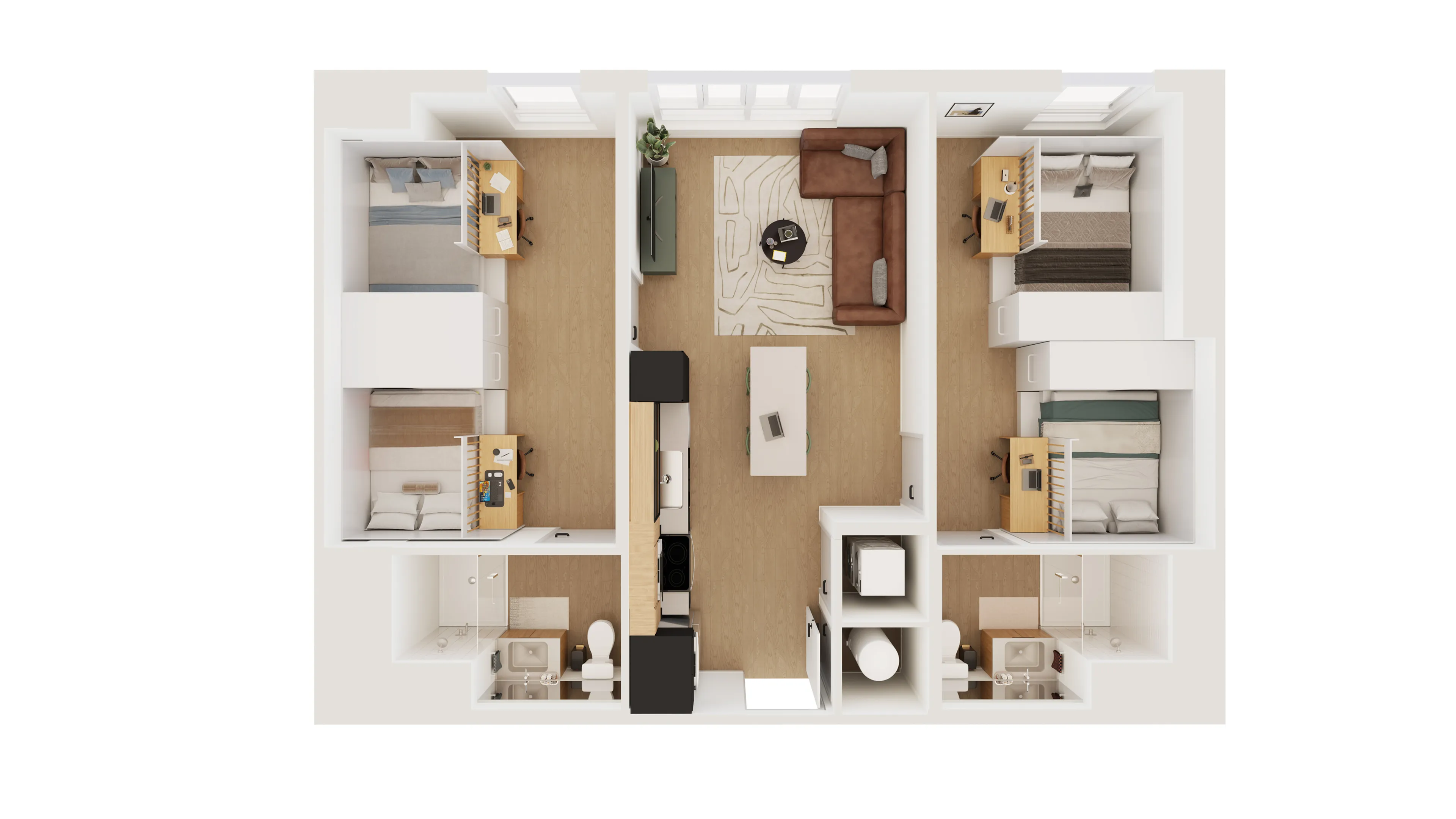 Contemporary 3D floor plan showcasing two spacious bedrooms, a cozy living area with a modern L-shaped sofa, and a stylish kitchen island.