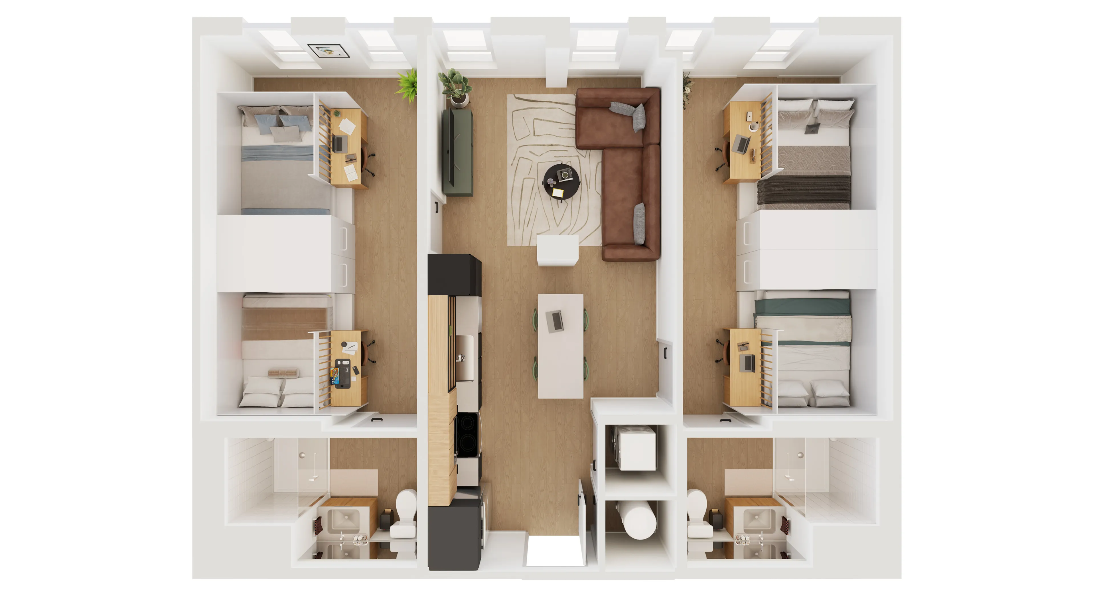 Modern apartment floor plan featuring three bedrooms, a cozy open-plan living area, and a sleek kitchen with dining space.