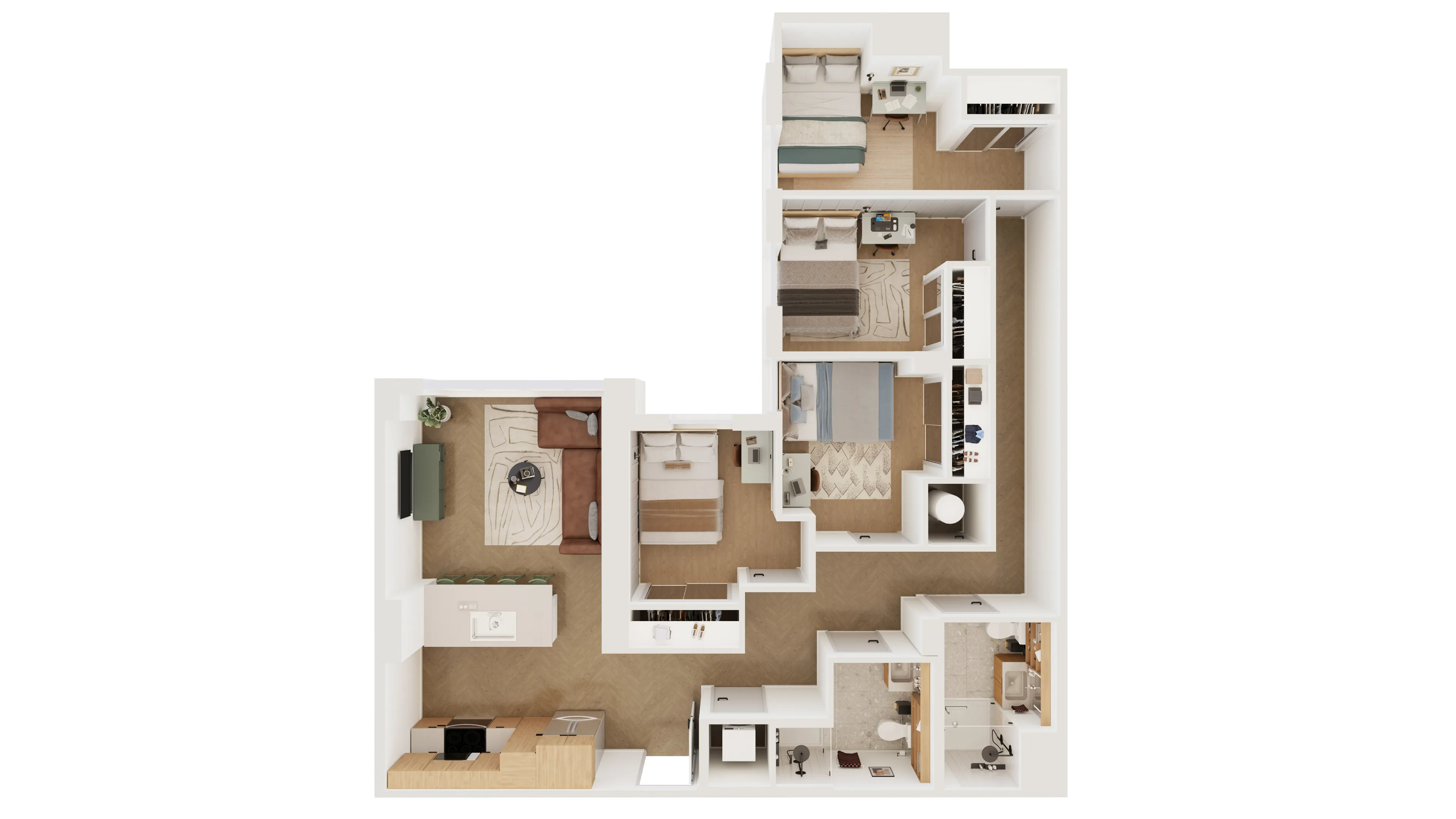 Modern 3D floor plan featuring 3 cozy bedrooms, a welcoming living area, sleek kitchen, and stylish bathrooms, perfect for comfortable living.