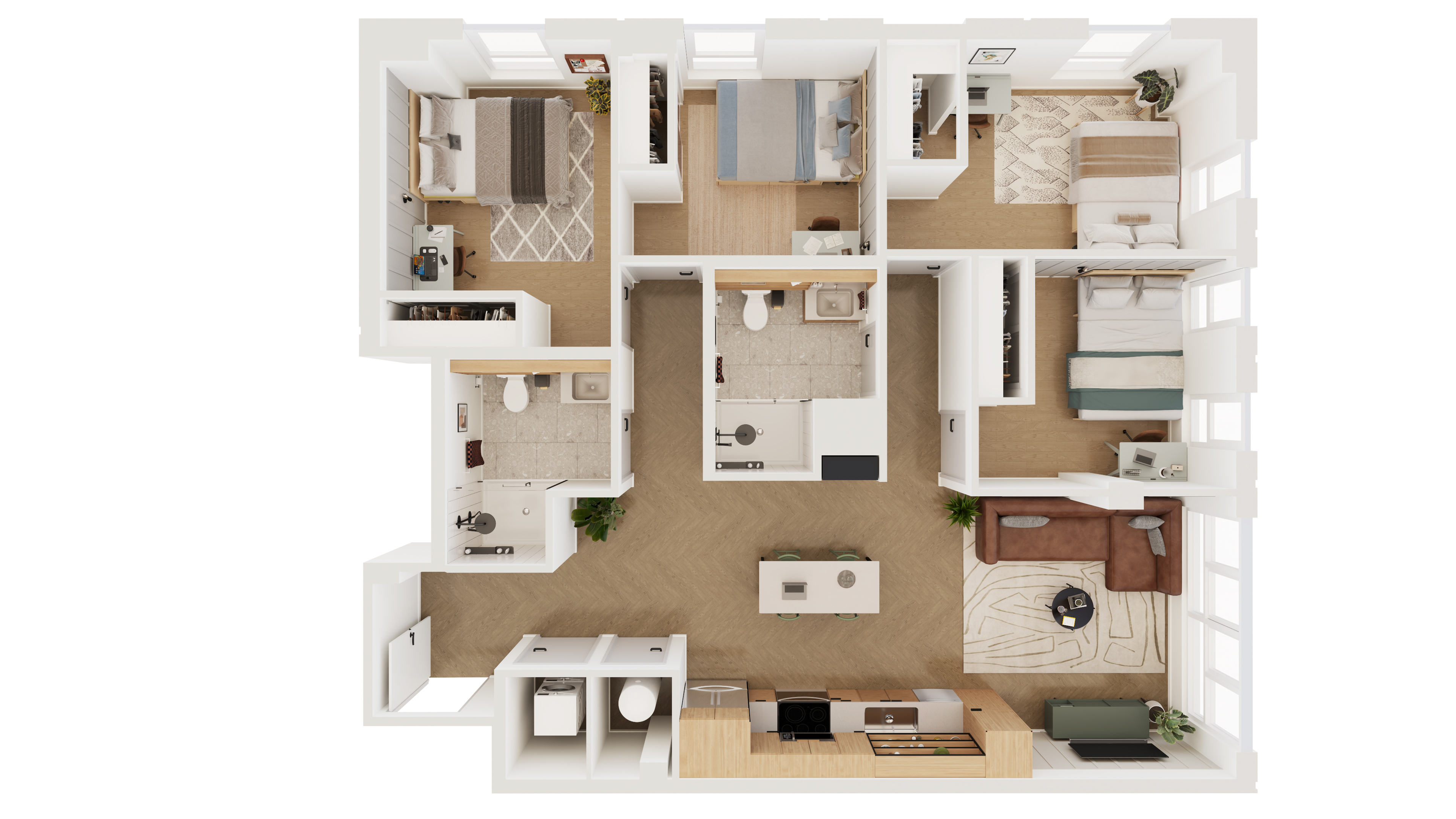 Charming 3-bedroom apartment floor plan with open living space, modern kitchen, and two sleek bathrooms.