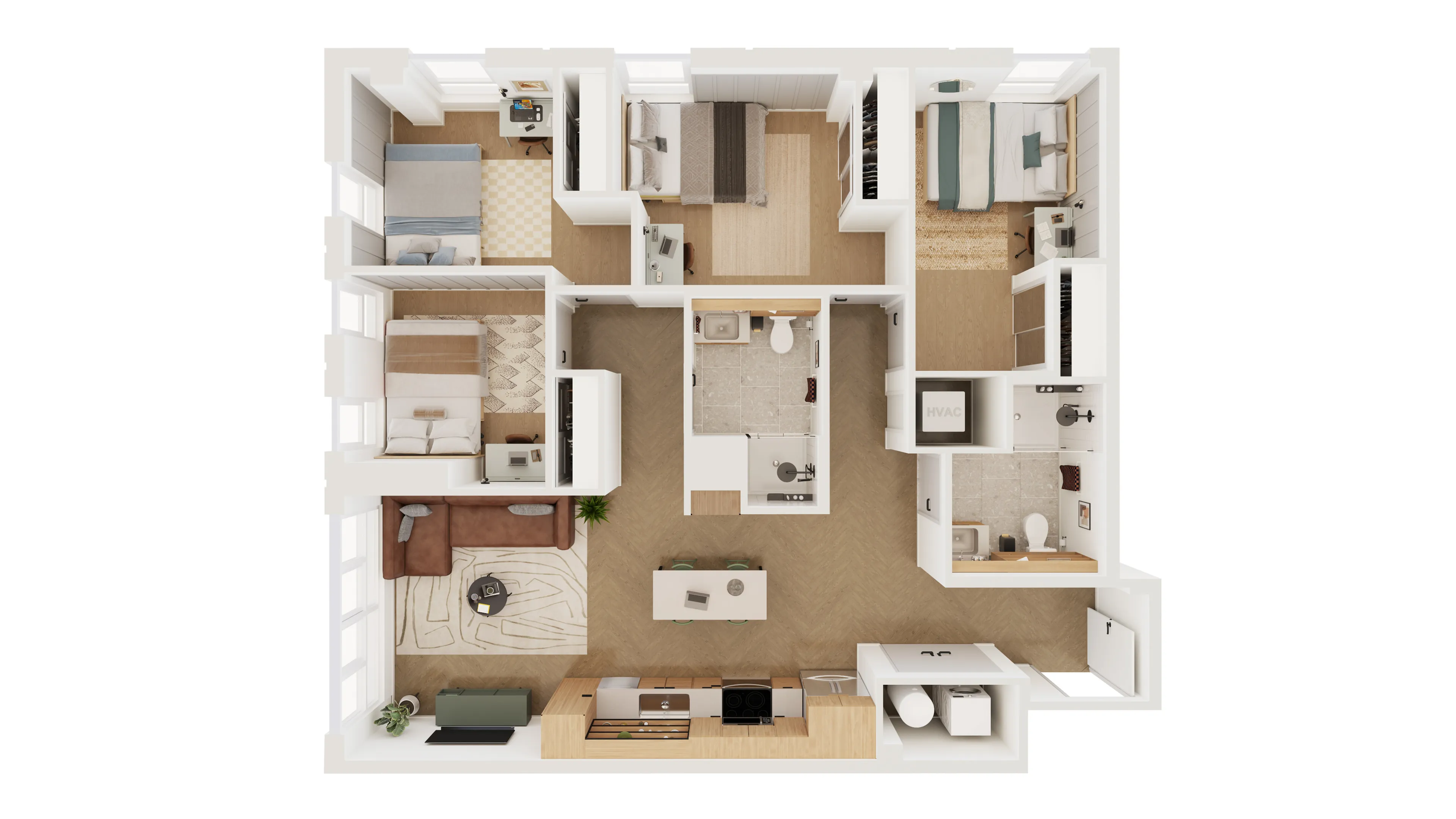 Elegant 3D floor plan showcasing three bedrooms, a modern kitchen, cozy living room, and spacious bathrooms.