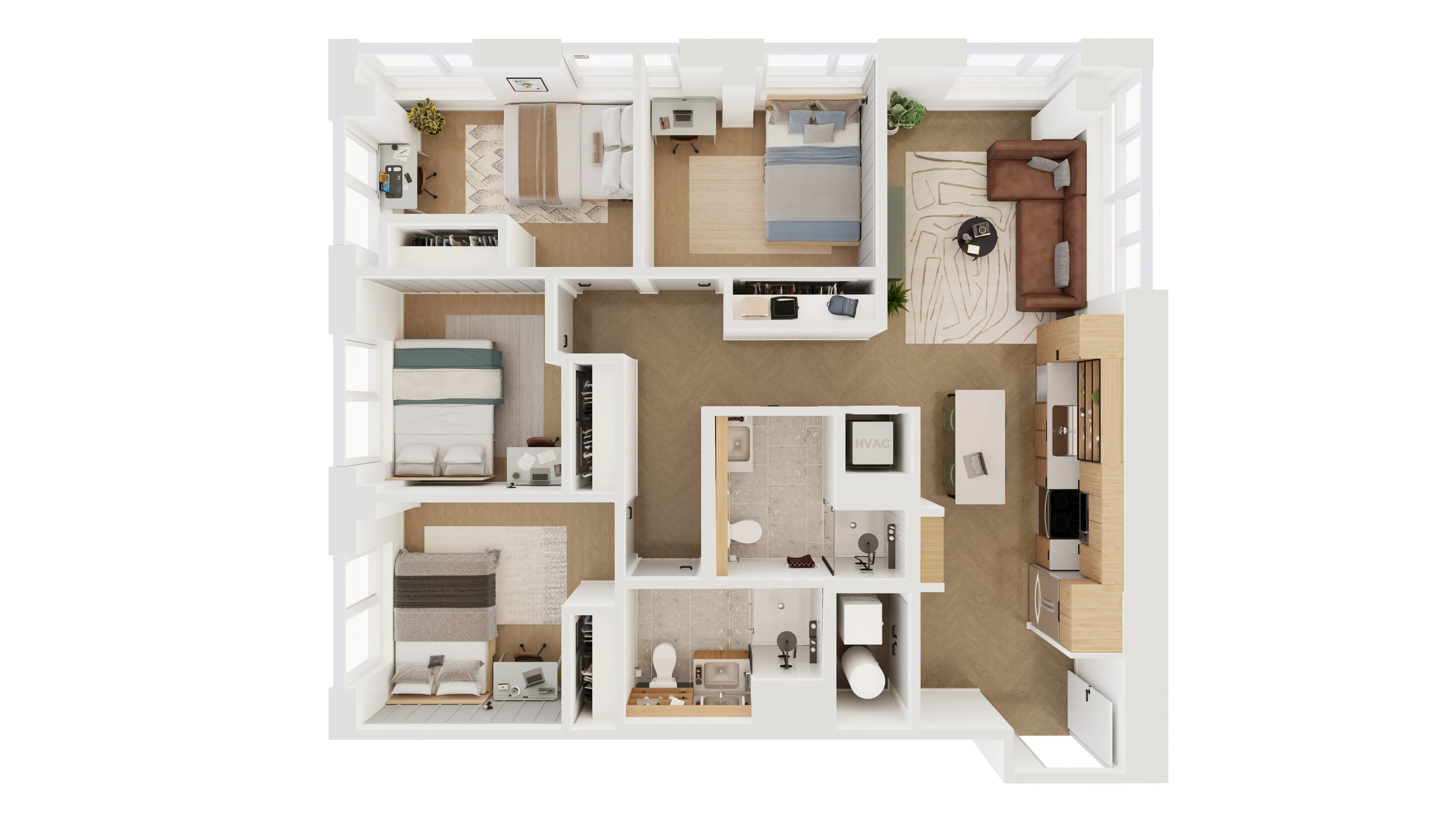 Chic 3D floor plan showcasing three bedrooms, modern living room, stylish kitchen, and two bathrooms with elegant design.