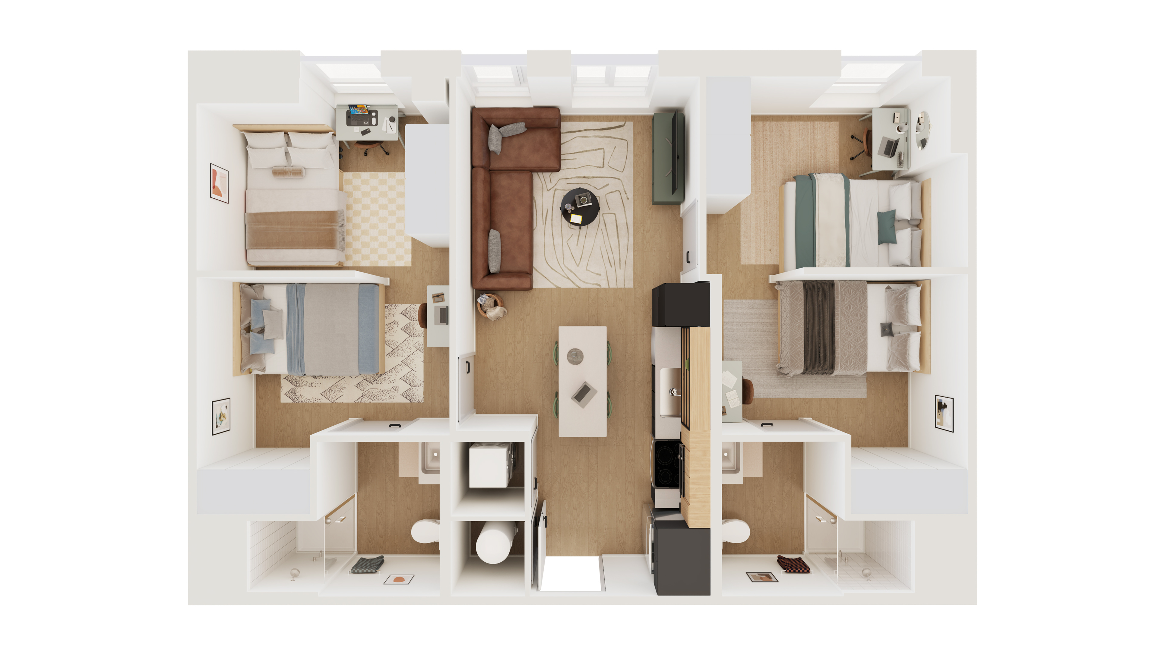 Modern 3-bedroom apartment floor plan featuring a cozy living room, efficient kitchen, and two well-appointed bathrooms.