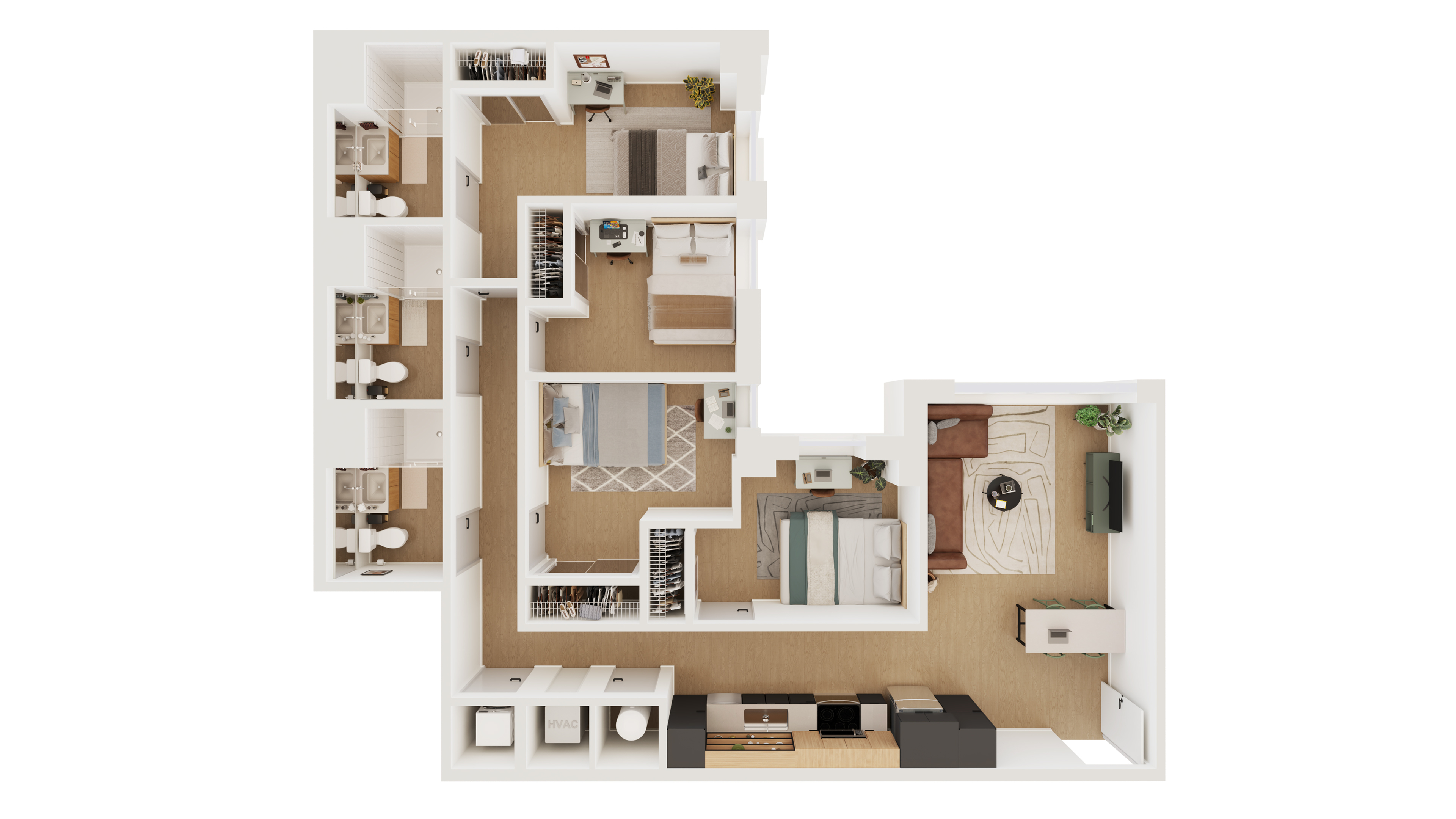 Elegant 3D floor plan showcasing a modern 3-bedroom apartment with two bathrooms, an inviting open-concept living and dining area, and a sleek, functional kitchen.
