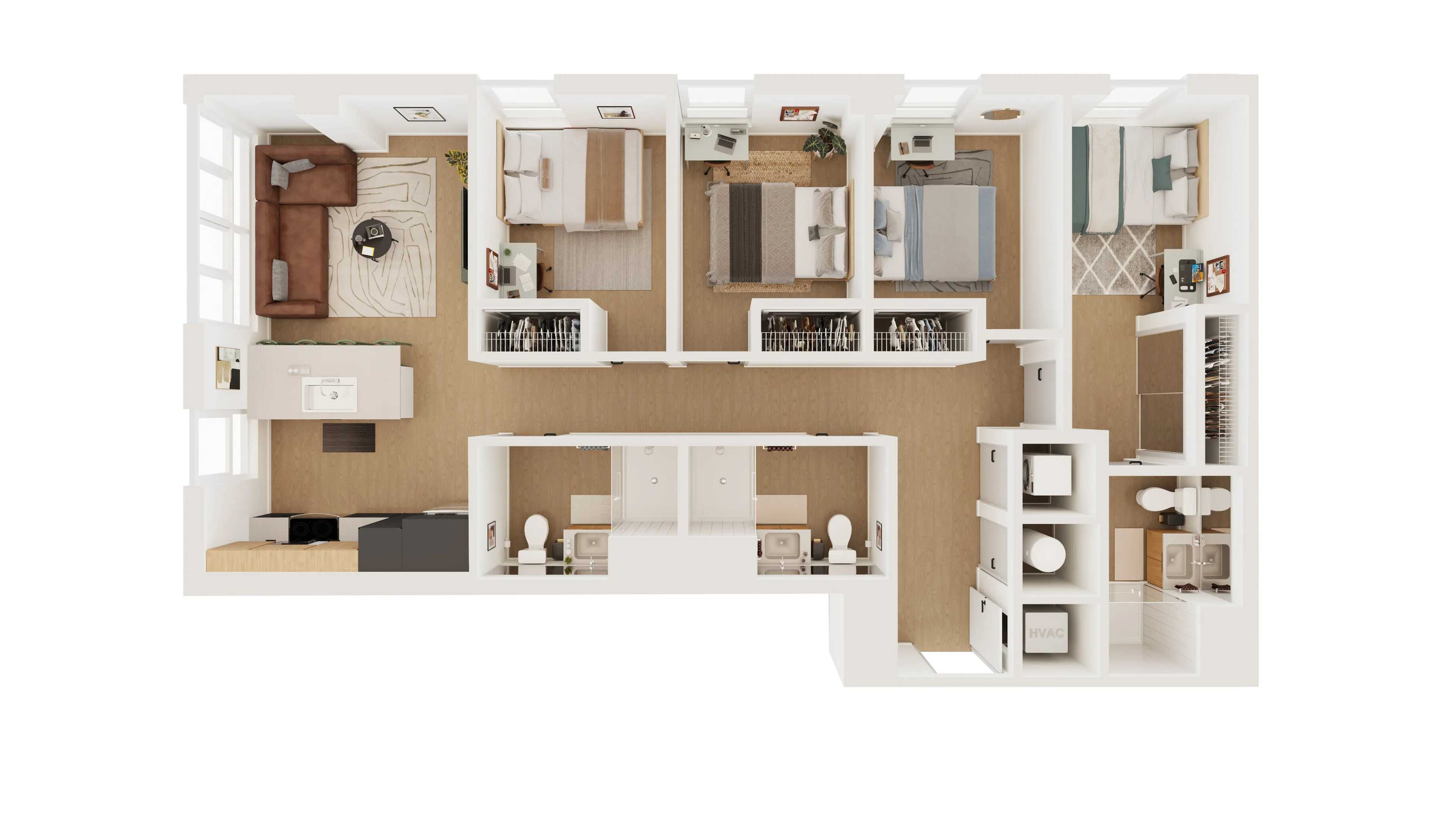 Modern 3D floor plan showcasing 3 cozy bedrooms, a stylish open-concept living area, and a well-equipped kitchen. Efficient layout with ample natural light, perfect for family living or entertaining.