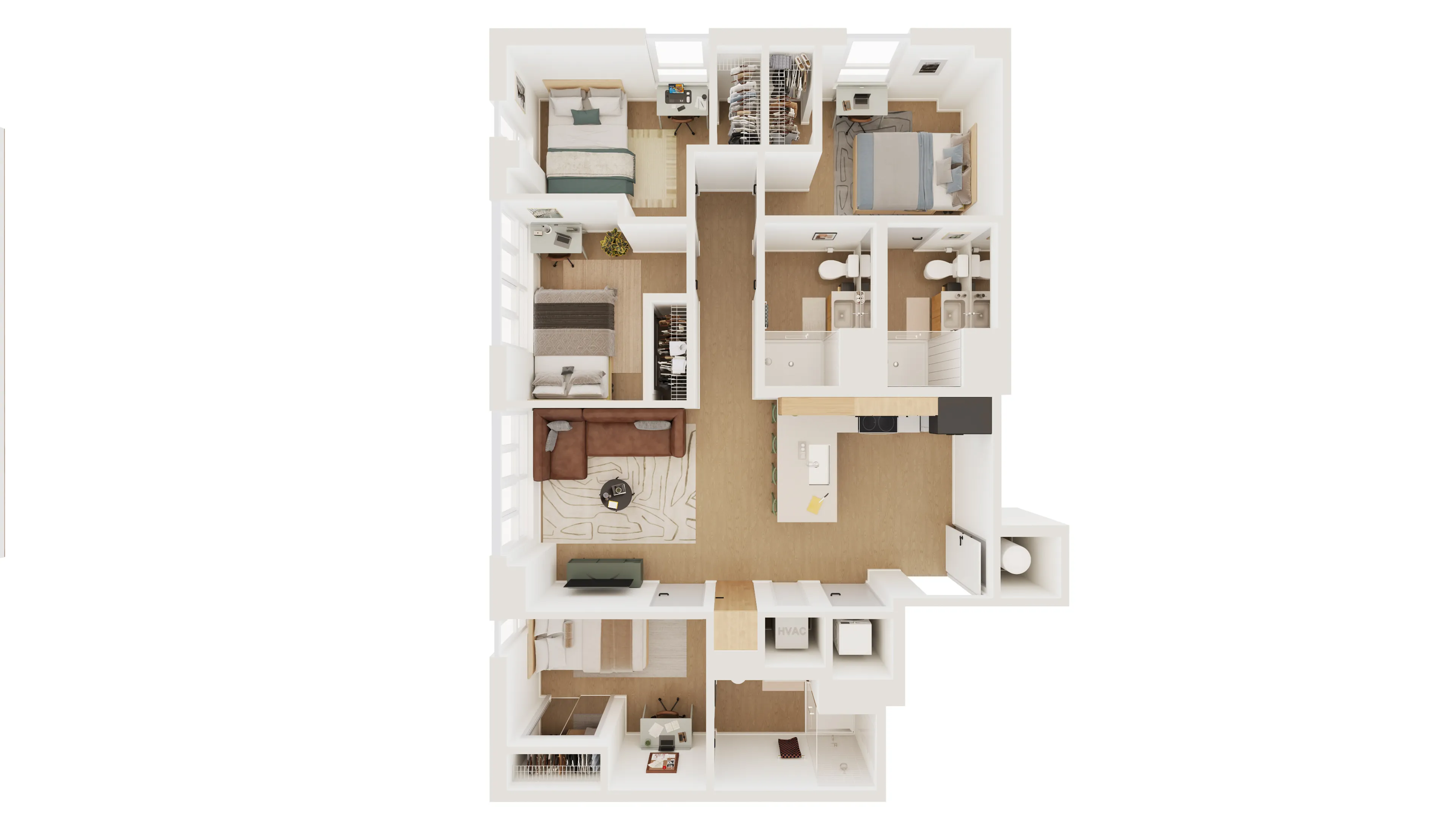 Chic 3D floor plan showcasing a modern layout with three bedrooms, an inviting living space, and a sleek open kitchen.