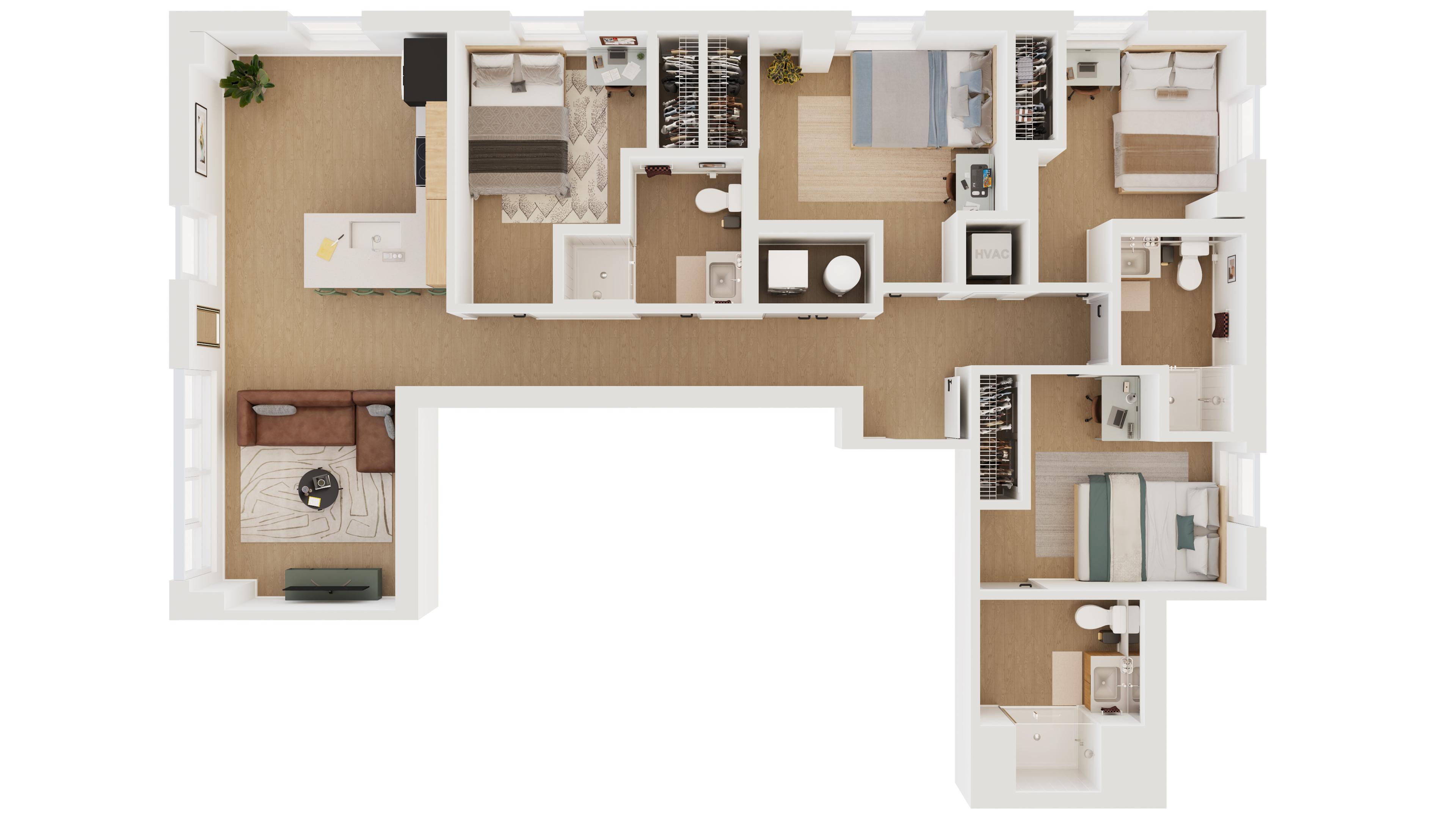 Modern floor plan showcasing three spacious bedrooms, an open-concept living area, and two stylish bathrooms with contemporary finishes.