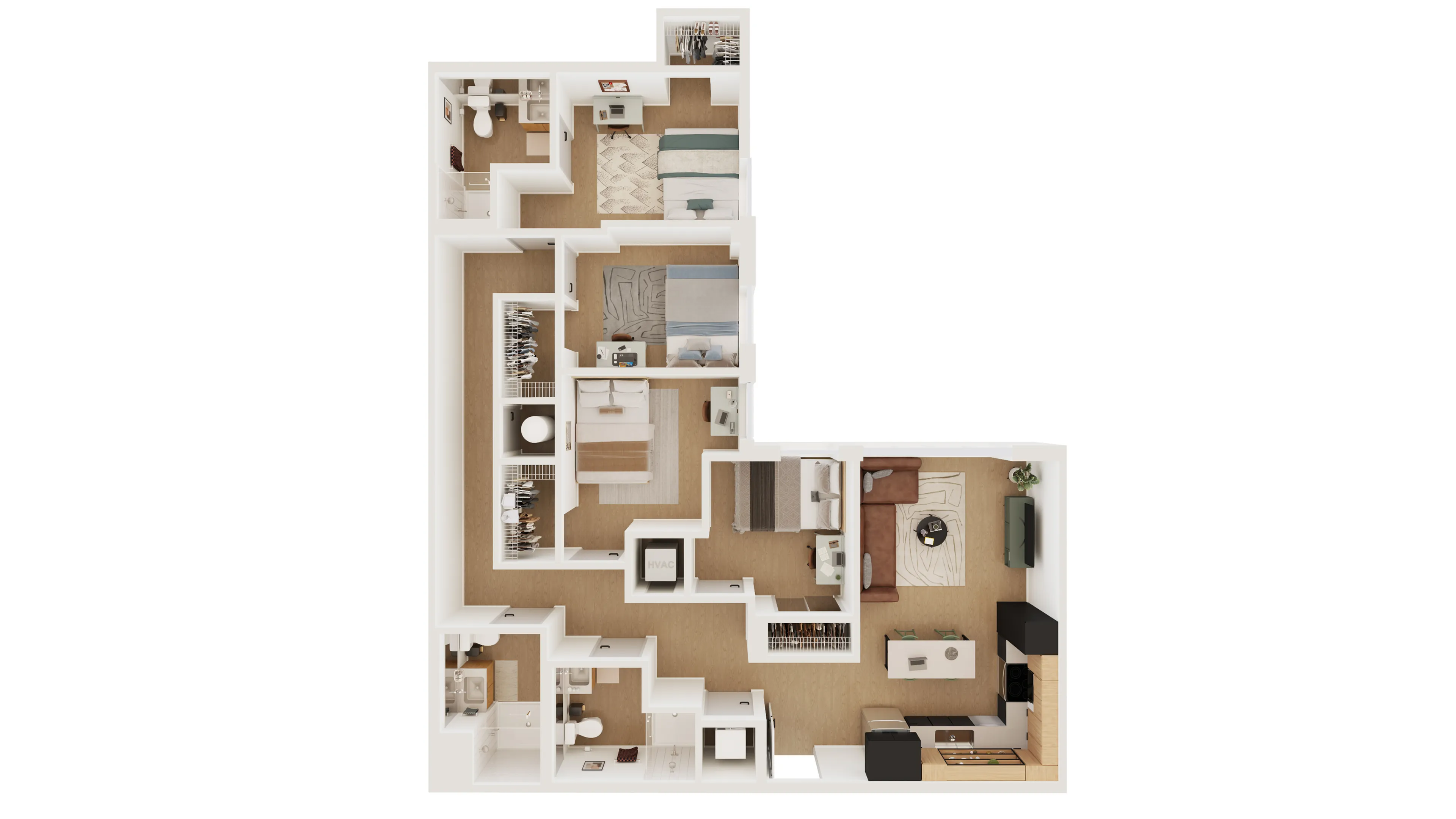 Modern 3D floor plan showcasing three bedrooms, two bathrooms, a cozy living room, and an inviting kitchen, all designed with sleek wooden flooring.