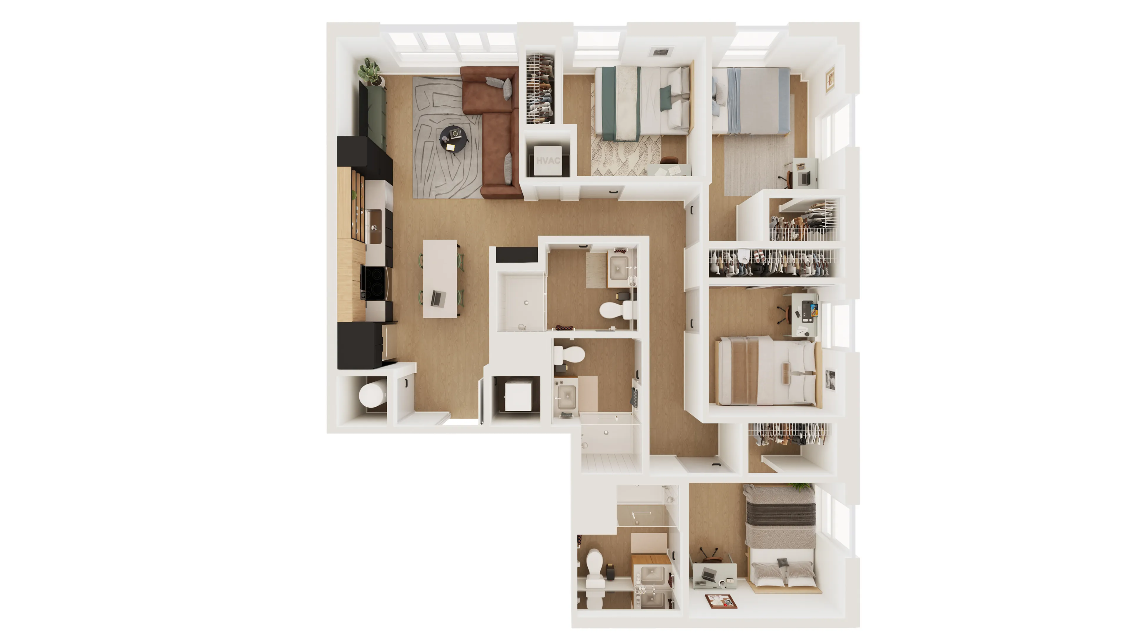 Modern 3D floor plan showcasing a spacious apartment with three bedrooms, two bathrooms, and an open-concept living and dining area. Features a stylish kitchen and abundant natural light.