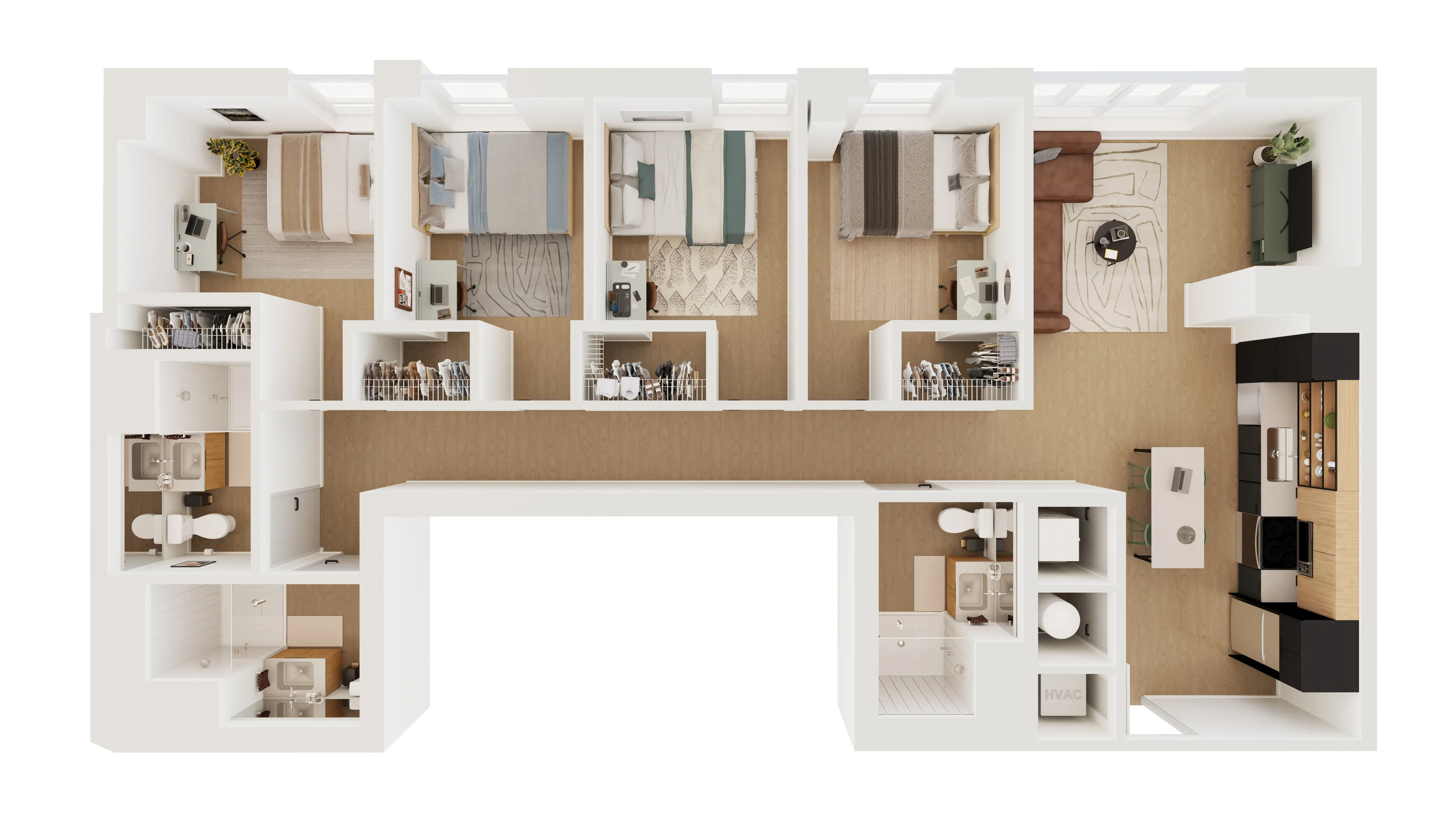 Modern 2D floor plan showcasing 4 bedrooms, a cozy living area, and a sleek kitchen with elegant details.