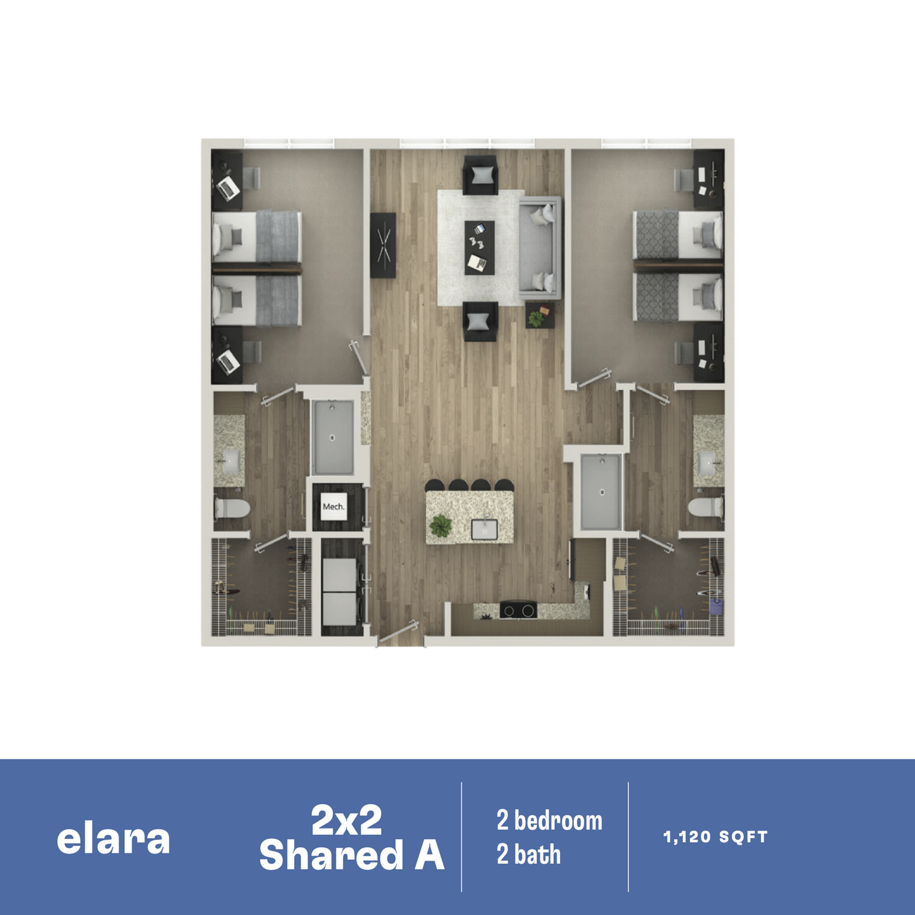 Elara 2x2 floor plan showcasing 2 bedrooms, 2 bathrooms, and a modern open-concept living area, 1120 sq ft.