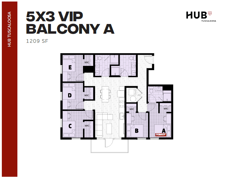Spacious 5-bedroom floor plan featuring a VIP balcony, modern kitchen, and open living area, totaling 1209 sq ft at Hub Tuscaloosa.