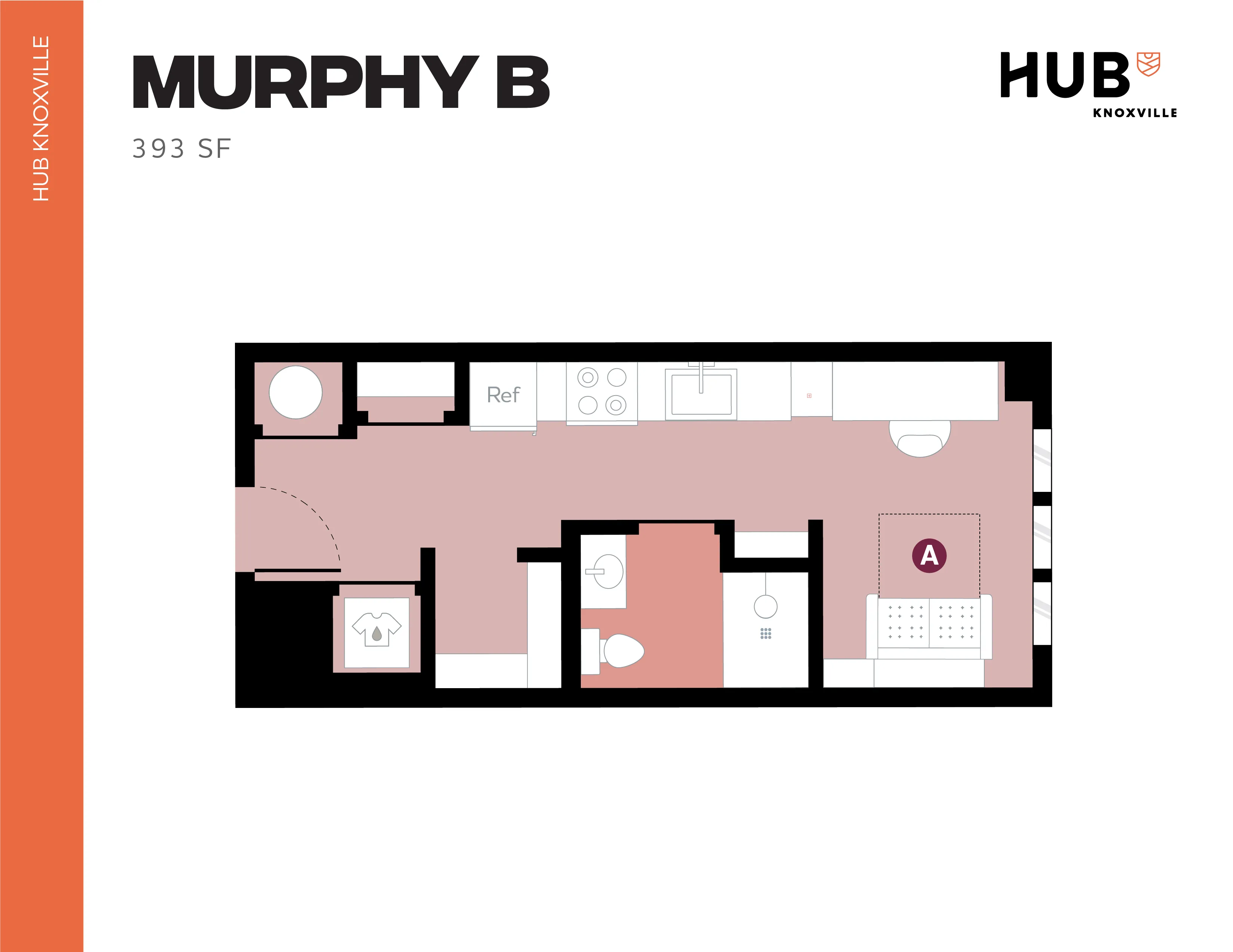 Efficient Murphy B floor plan showcasing a smart layout with kitchen, living area, and integrated bedroom in 393 sq ft at Hub Knoxville.