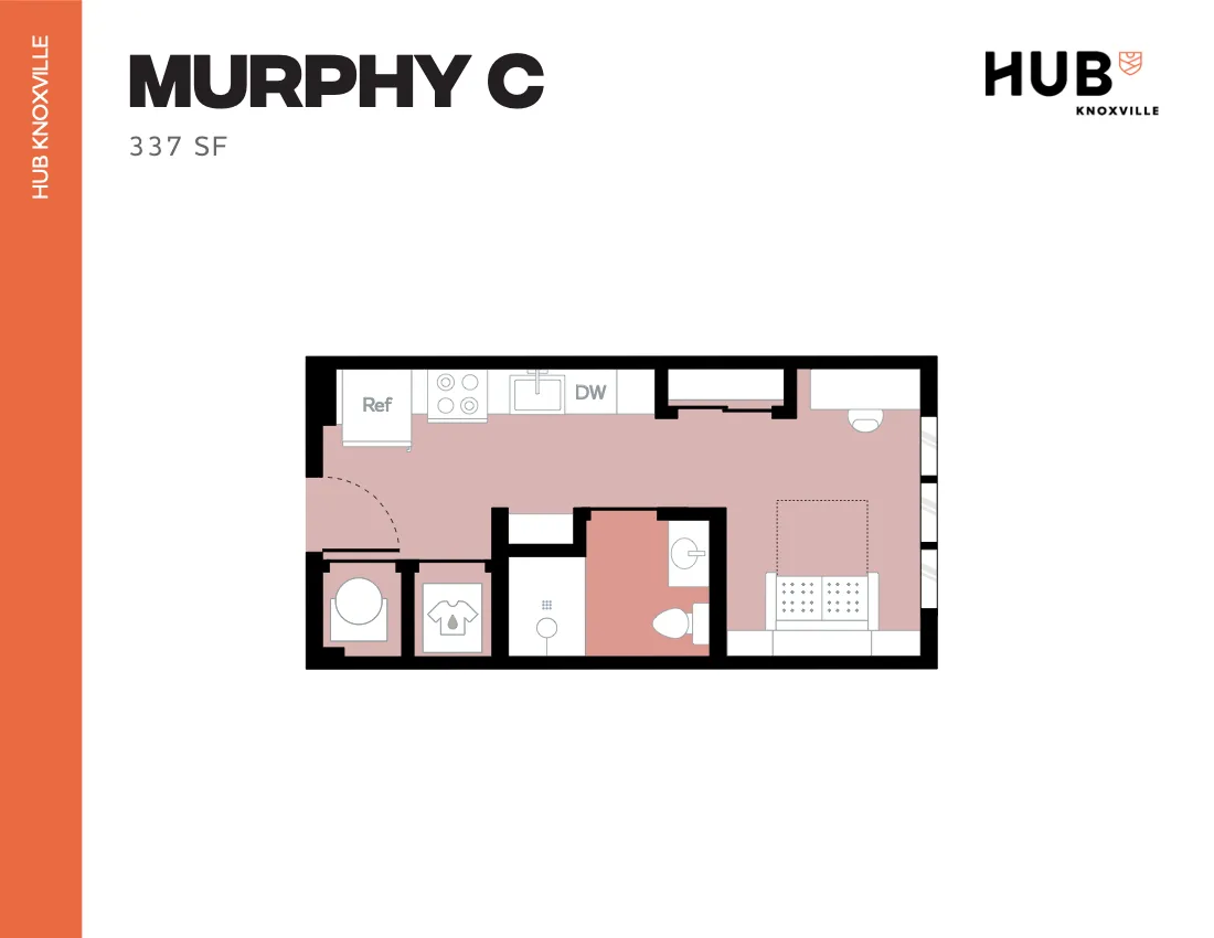 Modern studio apartment floor plan at Hub Knoxville, Murphy C layout, 337 sq ft with kitchenette, cozy living area, and compact bathroom.