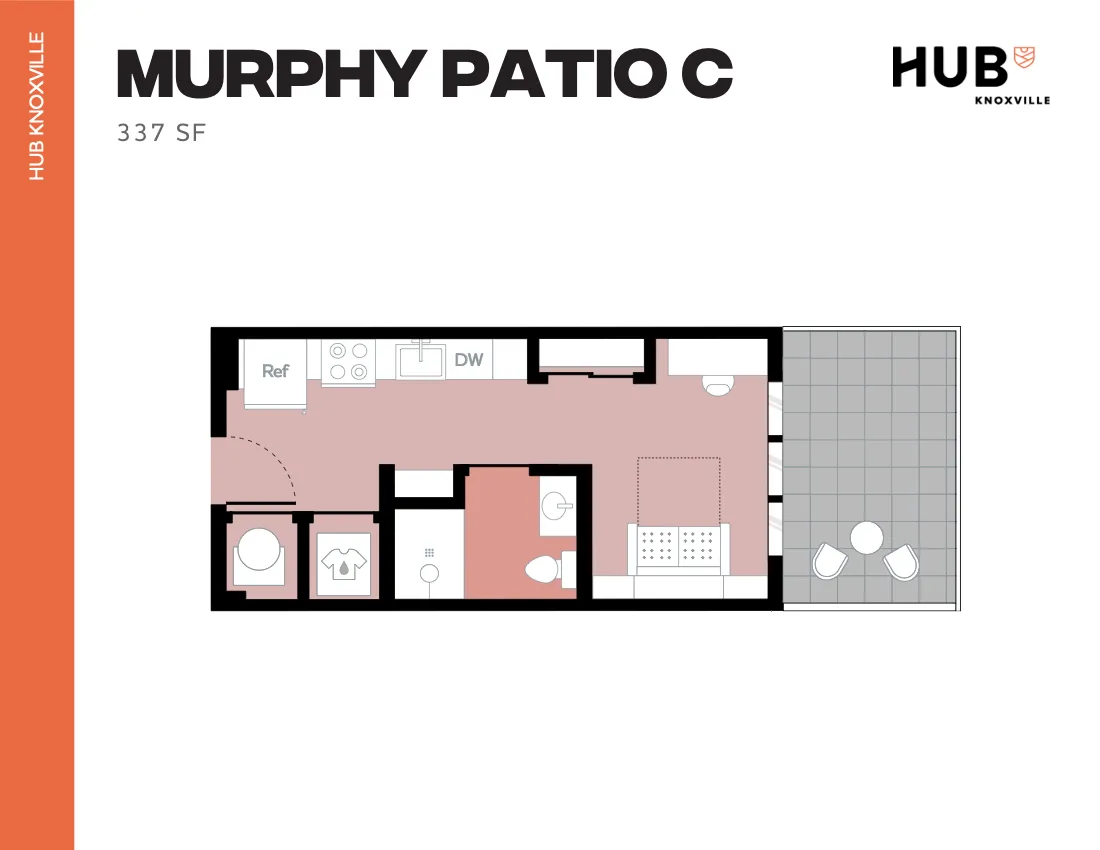 Compact Murphy Patio C floor plan with modern kitchen, cozy sleeping area, stylish bathroom, and inviting patio, 337 square feet at Hub Knoxville.