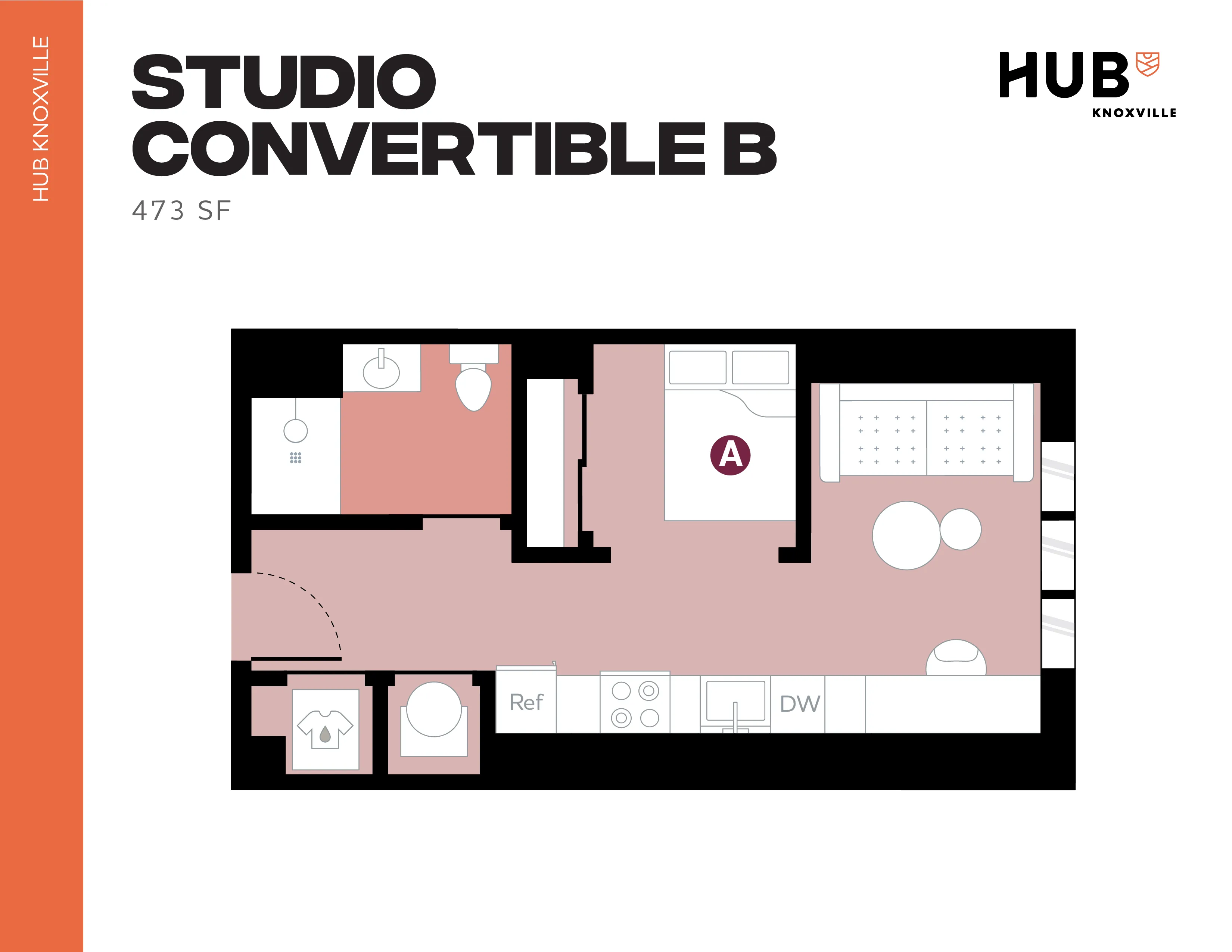Modern studio floor plan labeled Convertible B at Hub Knoxville, featuring a cozy living area, integrated kitchen, and a sleek bathroom within 473 square feet.