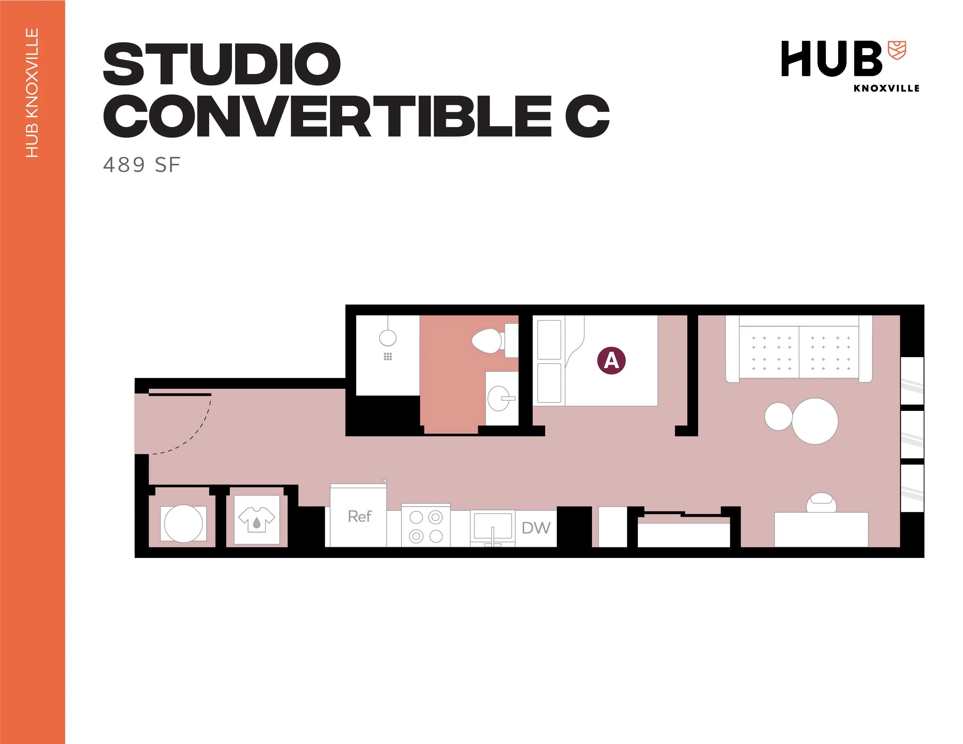 Contemporary Studio Convertible C floor plan with open layout, featuring a cozy living area and compact kitchen in 489 SF.