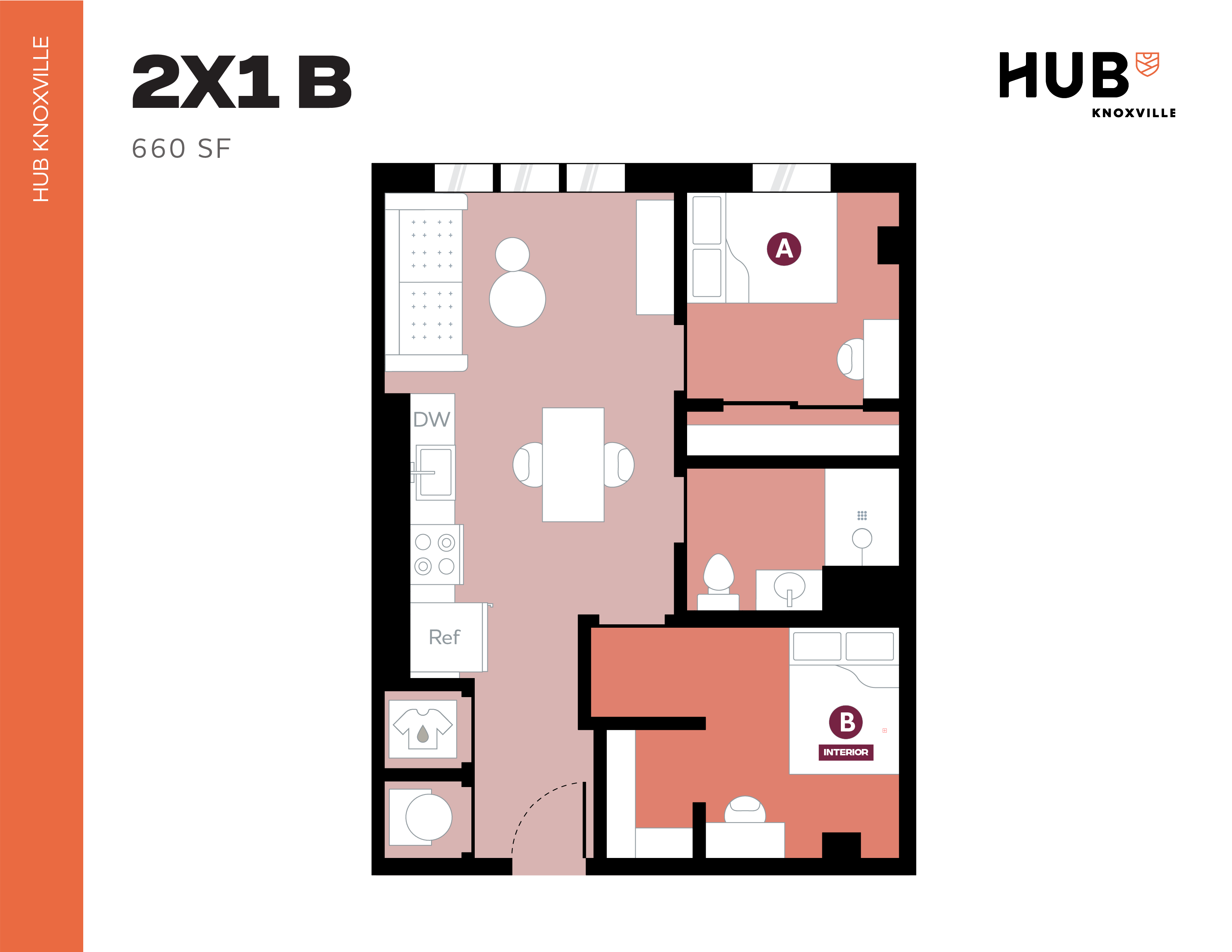 Modern 2X1 B floor plan at Hub Knoxville featuring 2 bedrooms and a spacious living area in 660 sq ft.