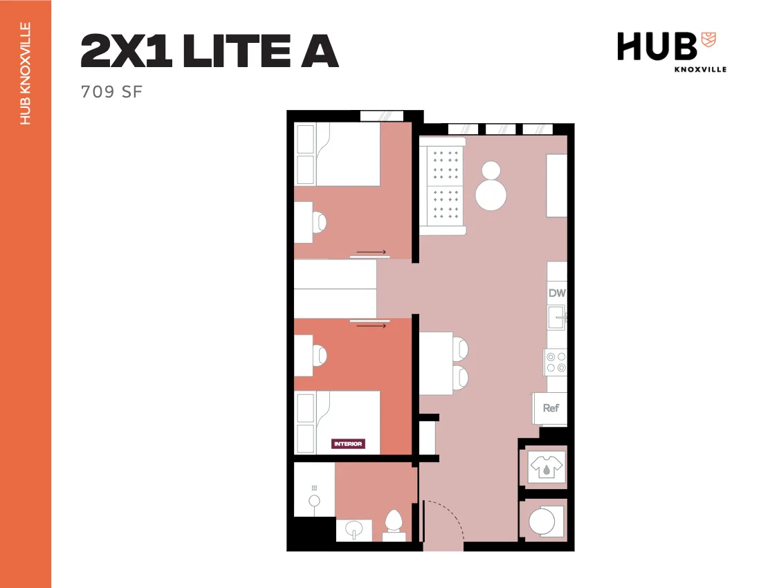 Modern 2D floor plan of Hub Knoxville's 2X1 Lite A model, featuring two cozy bedrooms, a well-designed bathroom, compact kitchen, and inviting living area, all within 709 sq ft.