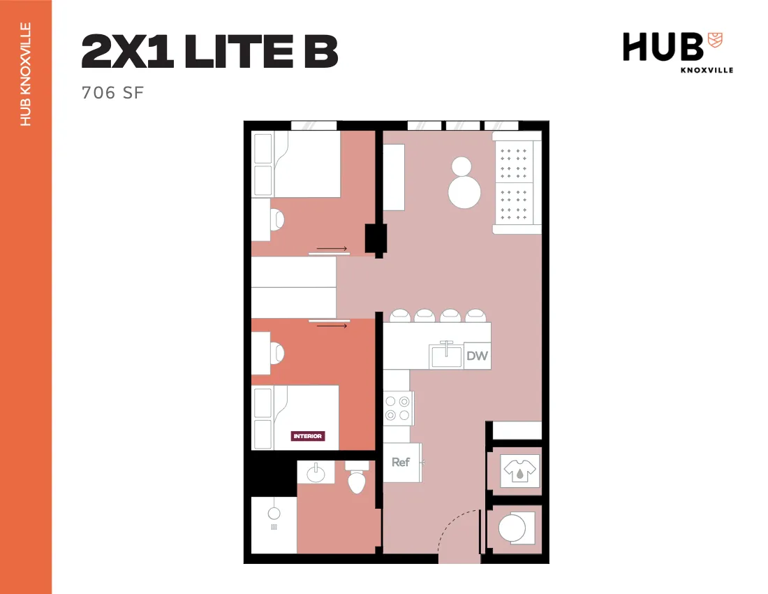 Modern 2X1 Lite B floor plan featuring 2 bedrooms, an inviting living area, and a well-appointed kitchen in 706 square feet. Perfect blend of style and functionality at Hub Knoxville.