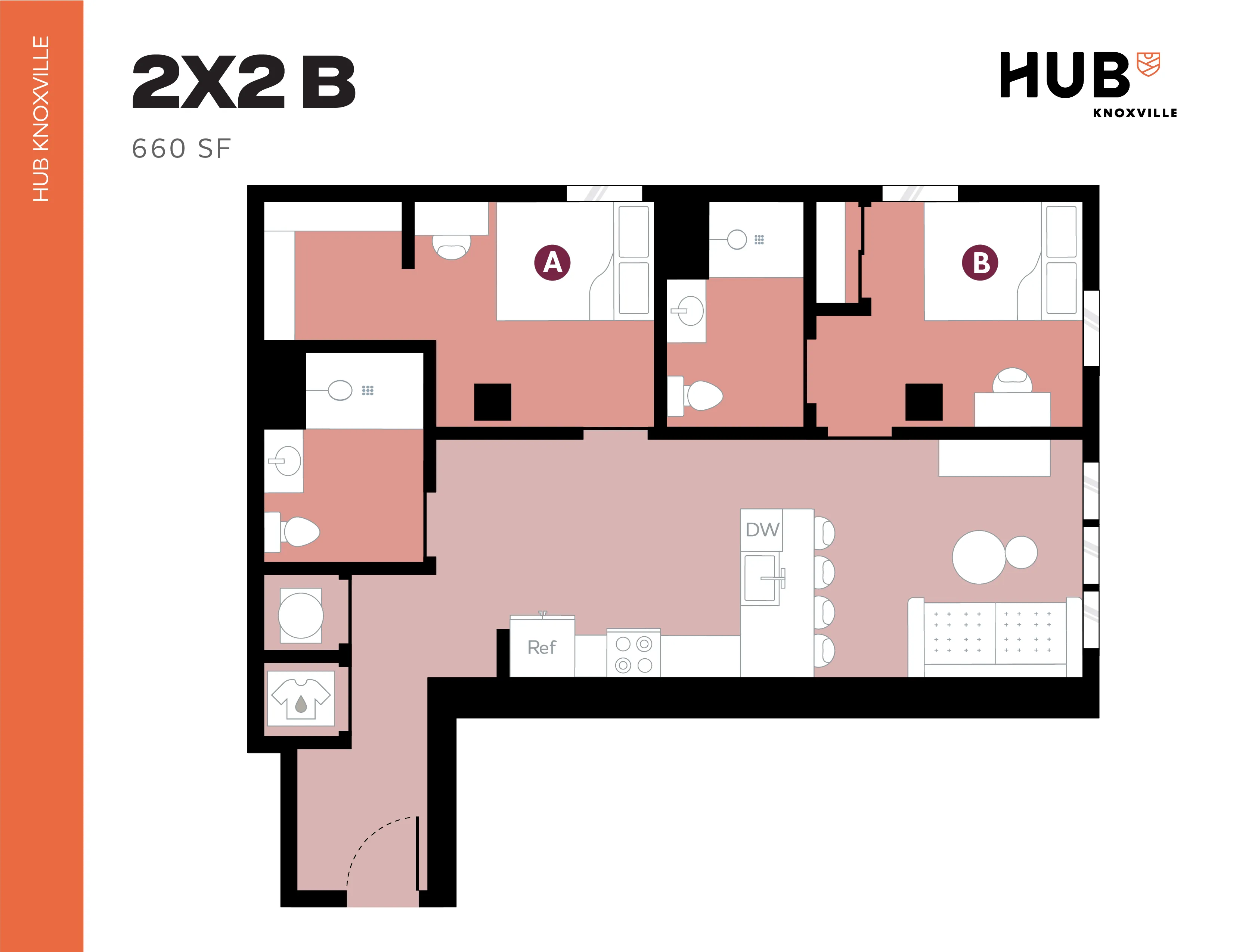 Modern 2D floor plan layout for a 2-bedroom apartment at Hub Knoxville, featuring efficient space use with a cozy living area, functional kitchen, and 660 sq ft of comfort.