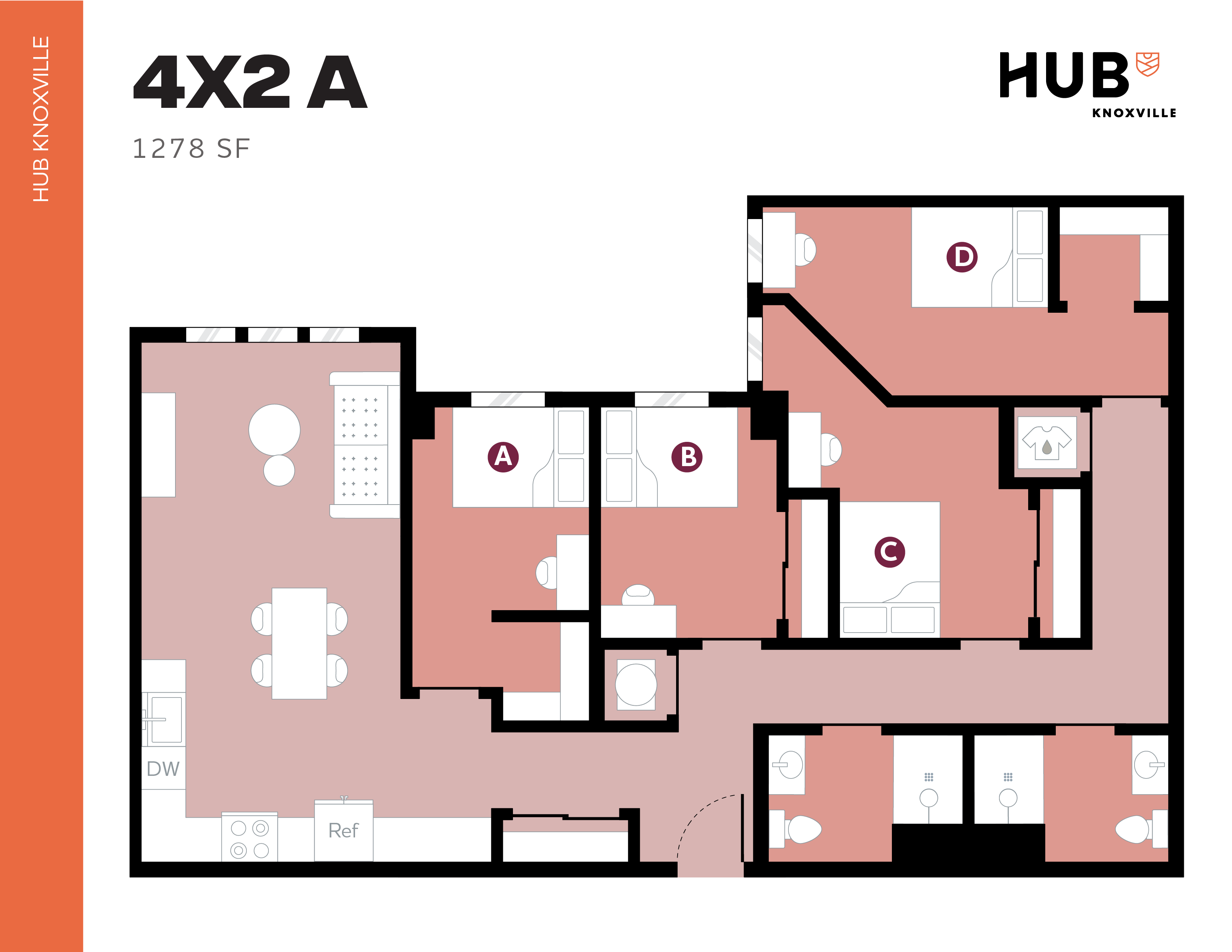 Modern 4-bedroom, 2-bathroom apartment floor plan with a spacious open-concept living and dining area, ideal for comfortable living in Knoxville, featuring 1278 sq ft of space.