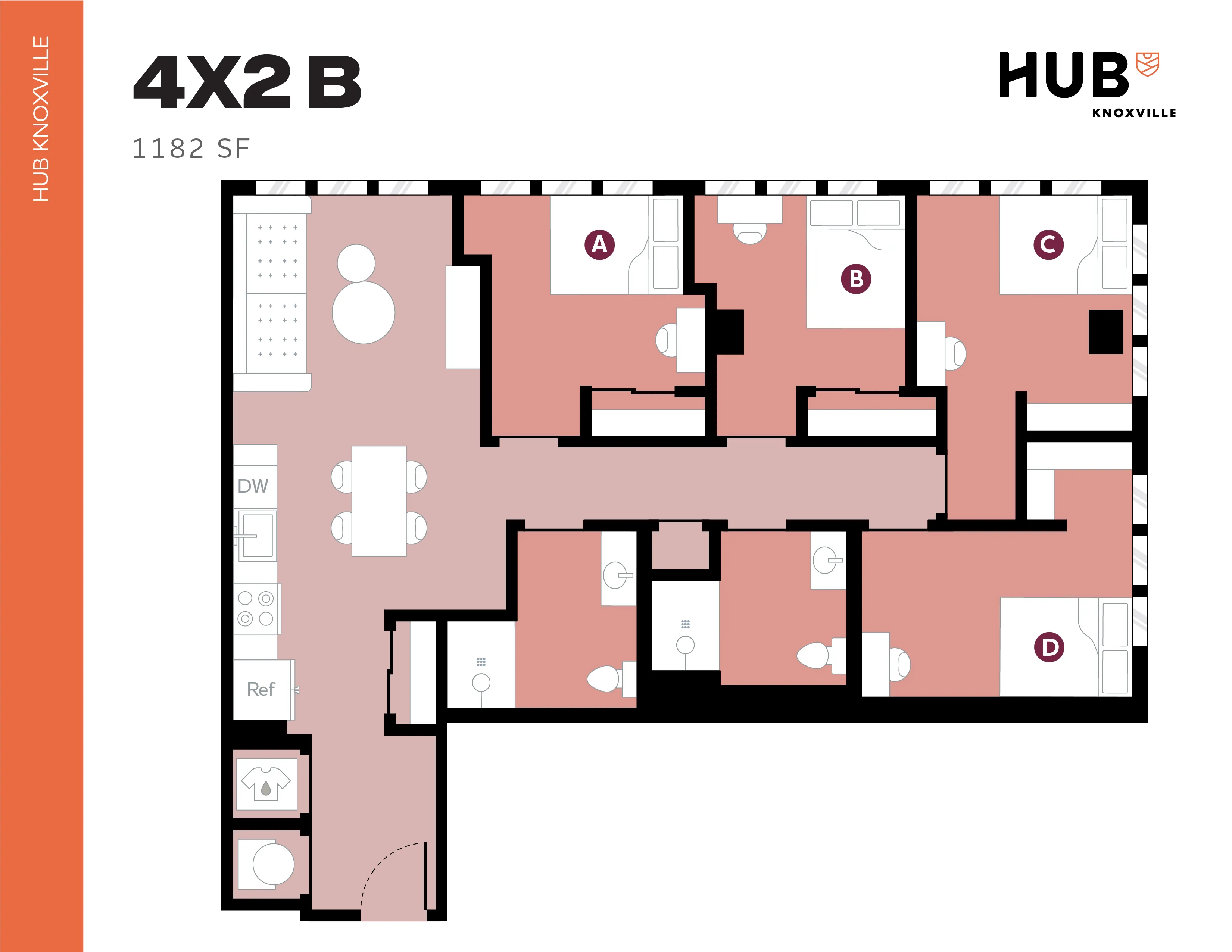 Modern 4-bedroom floor plan at Hub Knoxville, offering a spacious 1182 sq ft layout with a communal living area and well-equipped kitchen.