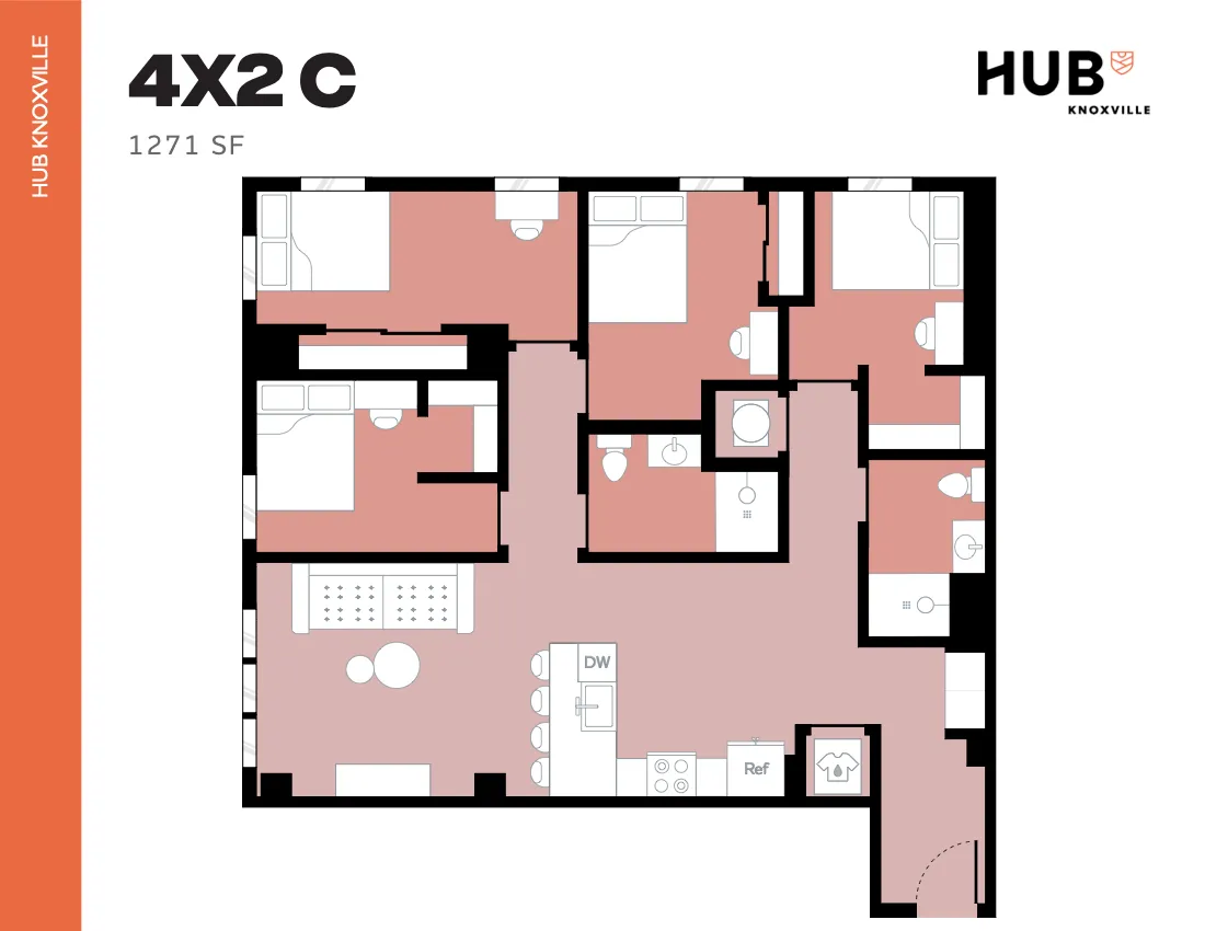 Modern 4-bedroom apartment floor plan at Hub Knoxville, featuring 2 bathrooms, a spacious living area, and a well-equipped kitchen, spanning 1271 sq ft.