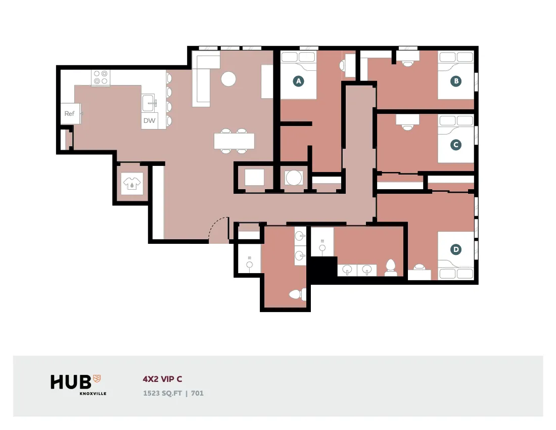 Modern 4-bedroom floor plan at HUB Knoxville with open-concept kitchen and spacious living area, 1523 sq ft.