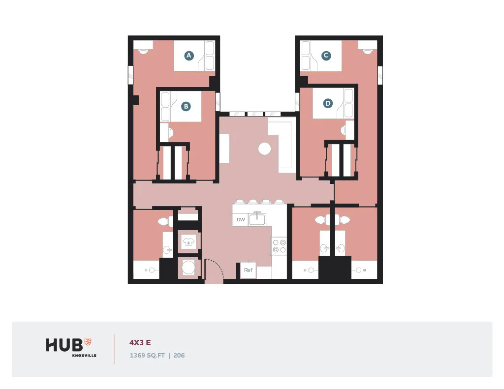 Modern 4-bedroom floor plan with spacious living areas and a well-equipped kitchen, totaling 1369 sq. ft. at Hub Knoxville.