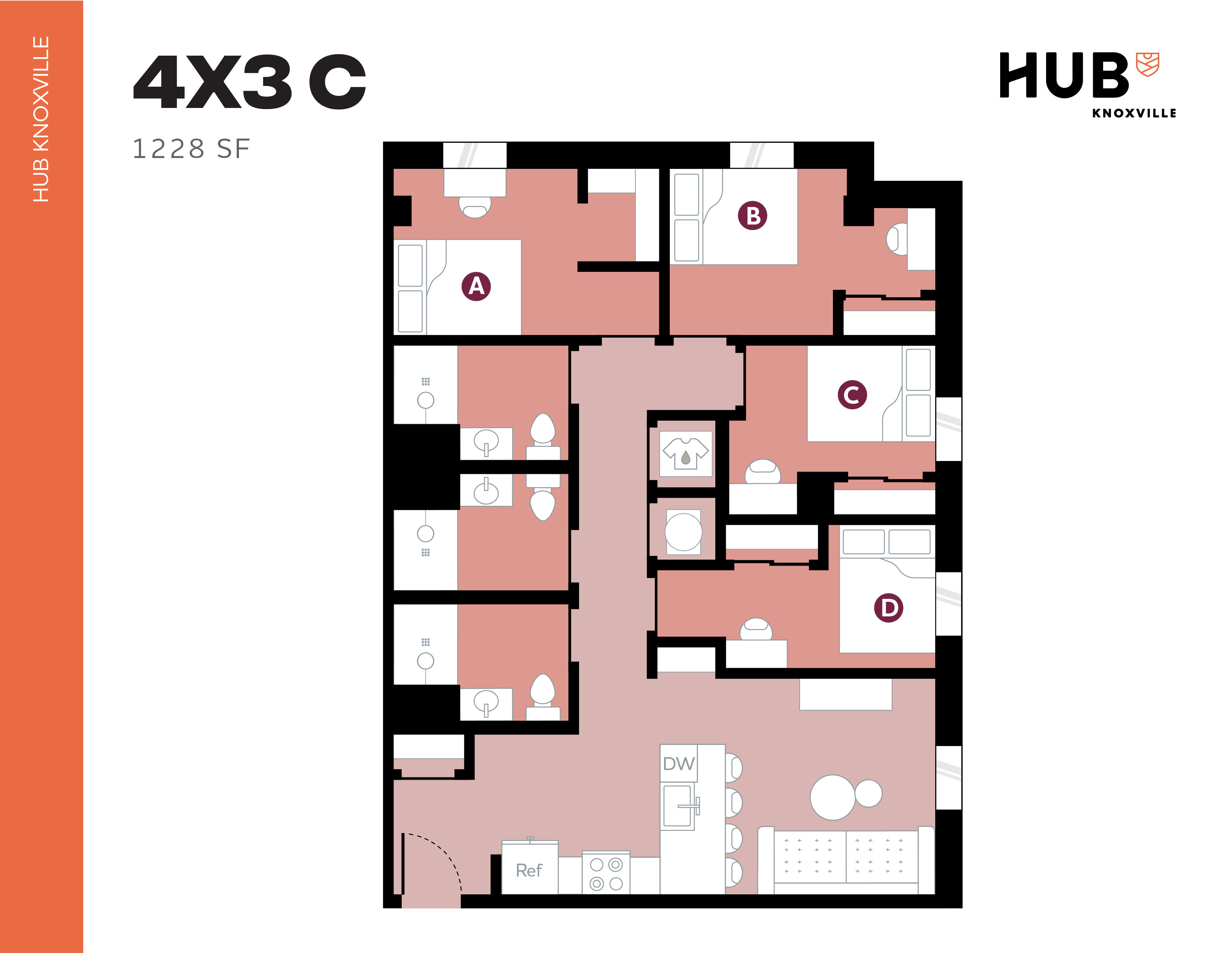Contemporary 4-bedroom, 3-bathroom floor plan at Hub Knoxville, featuring an open kitchen and living area, 1228 sq ft.