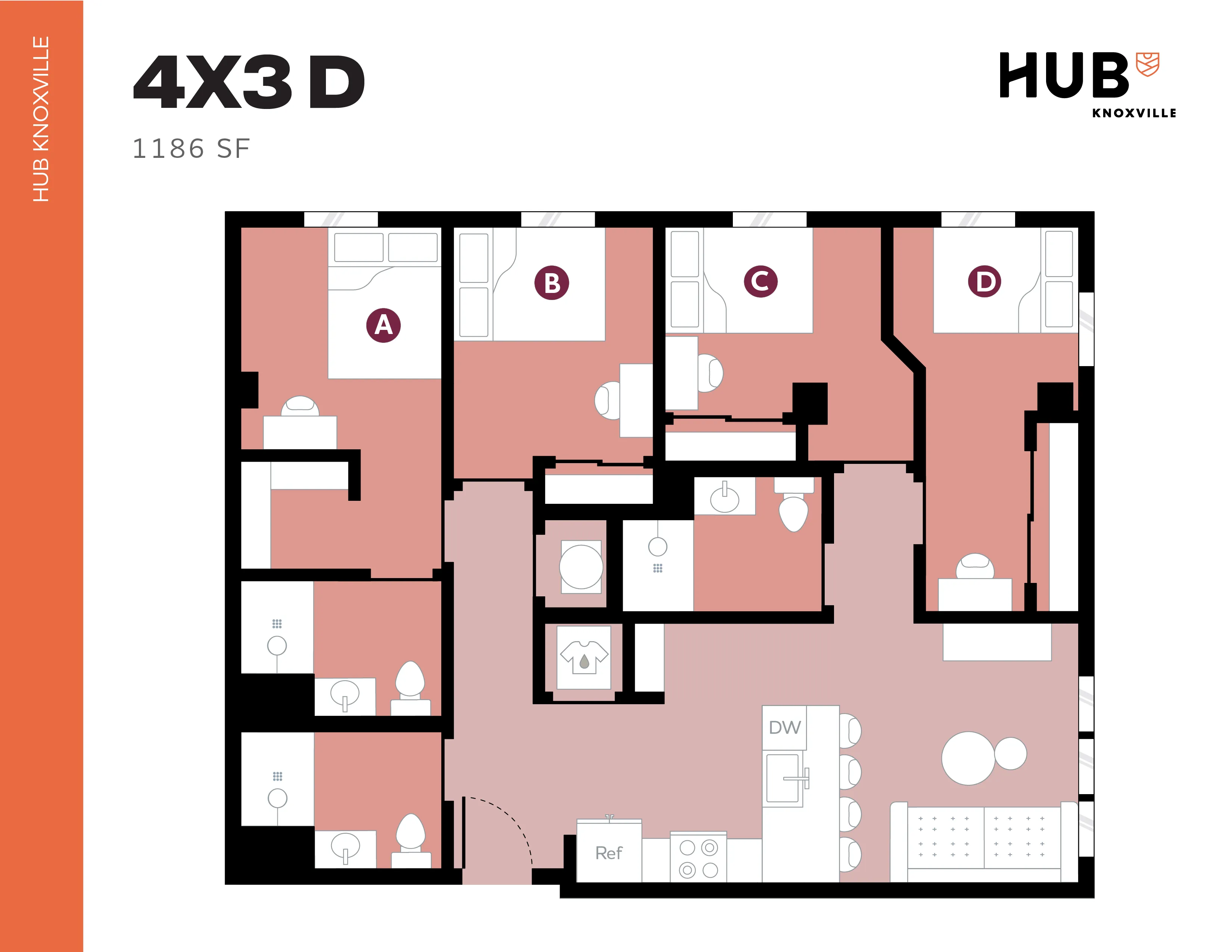 Modern 4-bedroom apartment floor plan at Hub Knoxville featuring 3 bathrooms, spacious living area, and dining space with kitchen island, spanning 1186 sq ft.