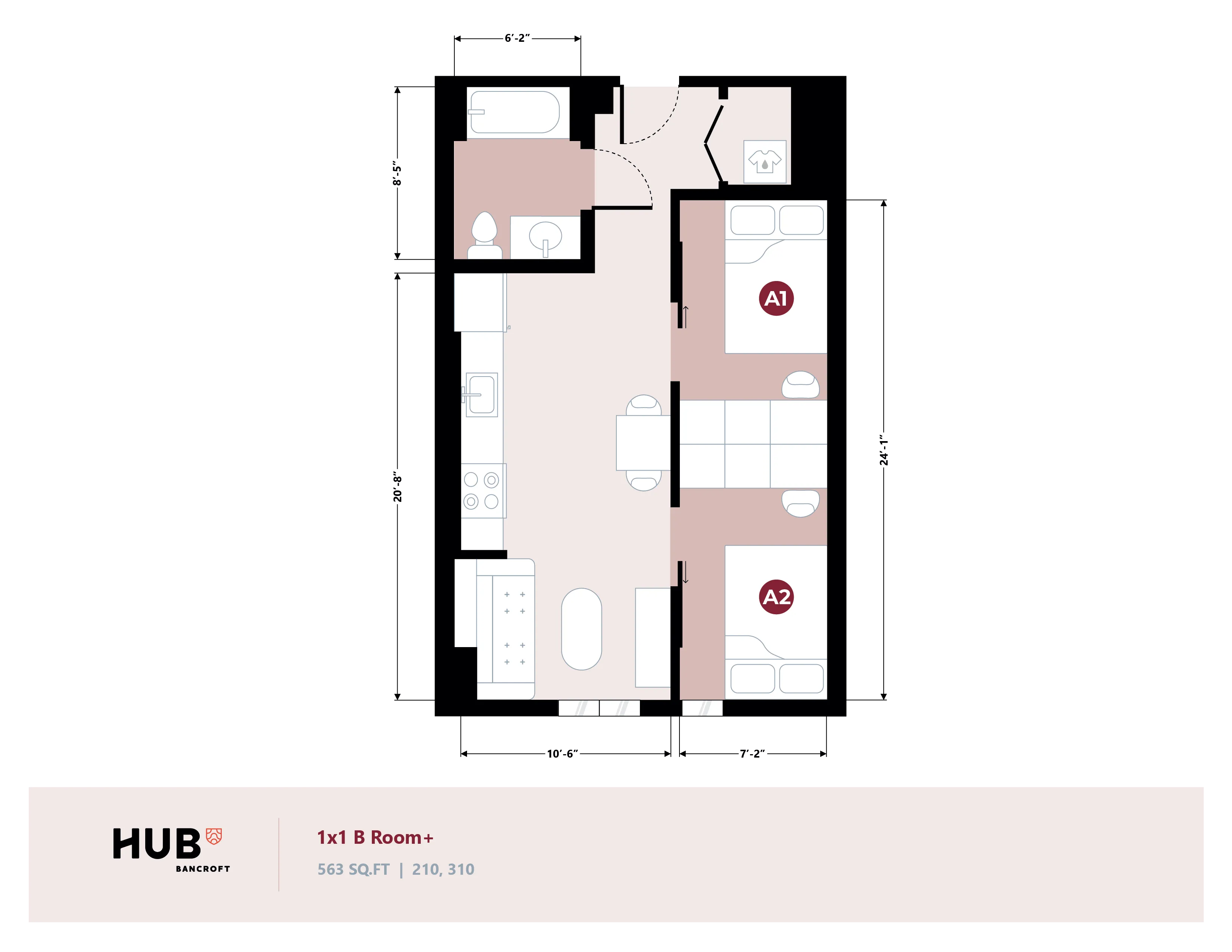 Elegant 1-bedroom floor plan featuring a modern kitchen and cozy living area, 563 sq ft at HUB Bancroft.