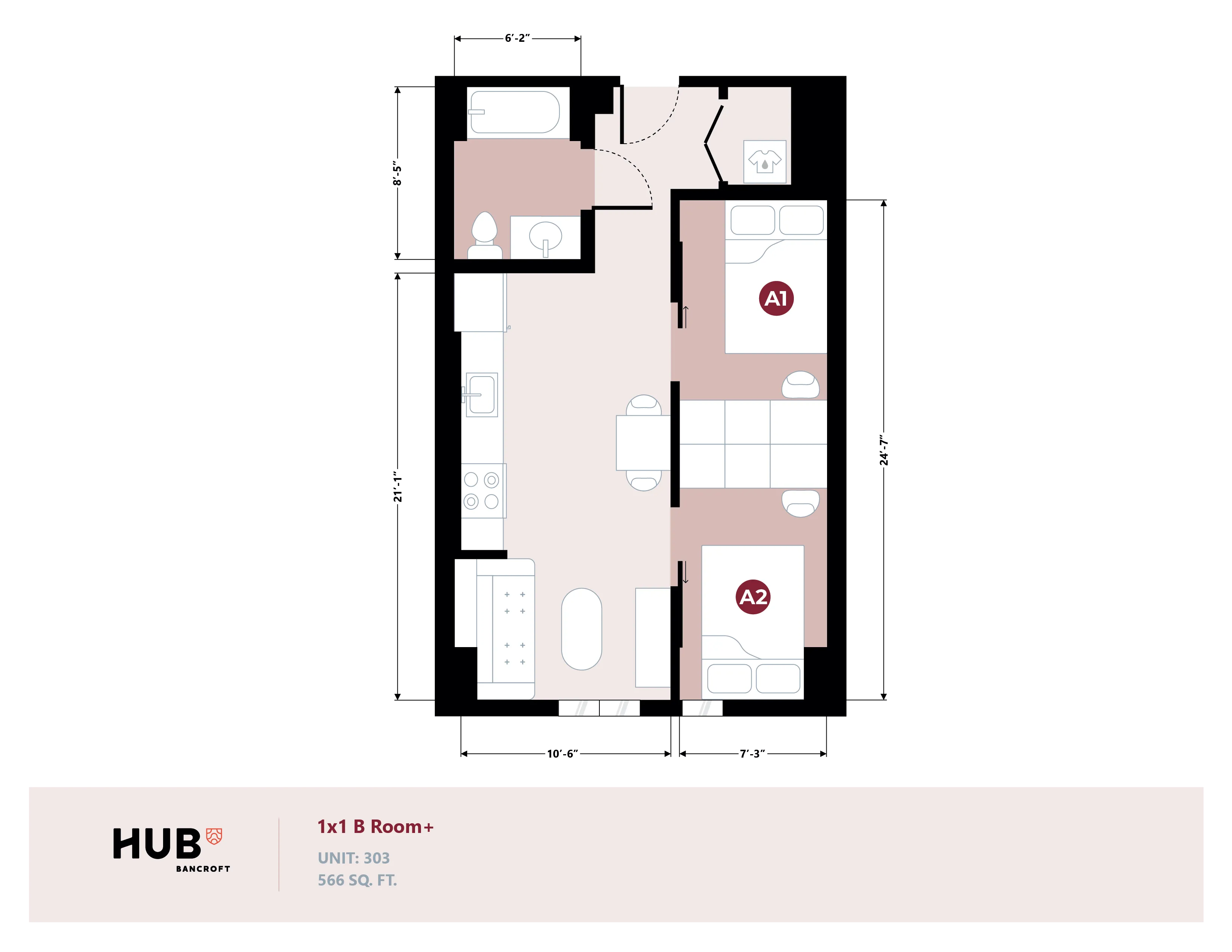 Modern floor plan of HUB Bancroft, unit 303, showcasing 1 bedroom, open kitchen, and cozy living area in 566 sq ft.