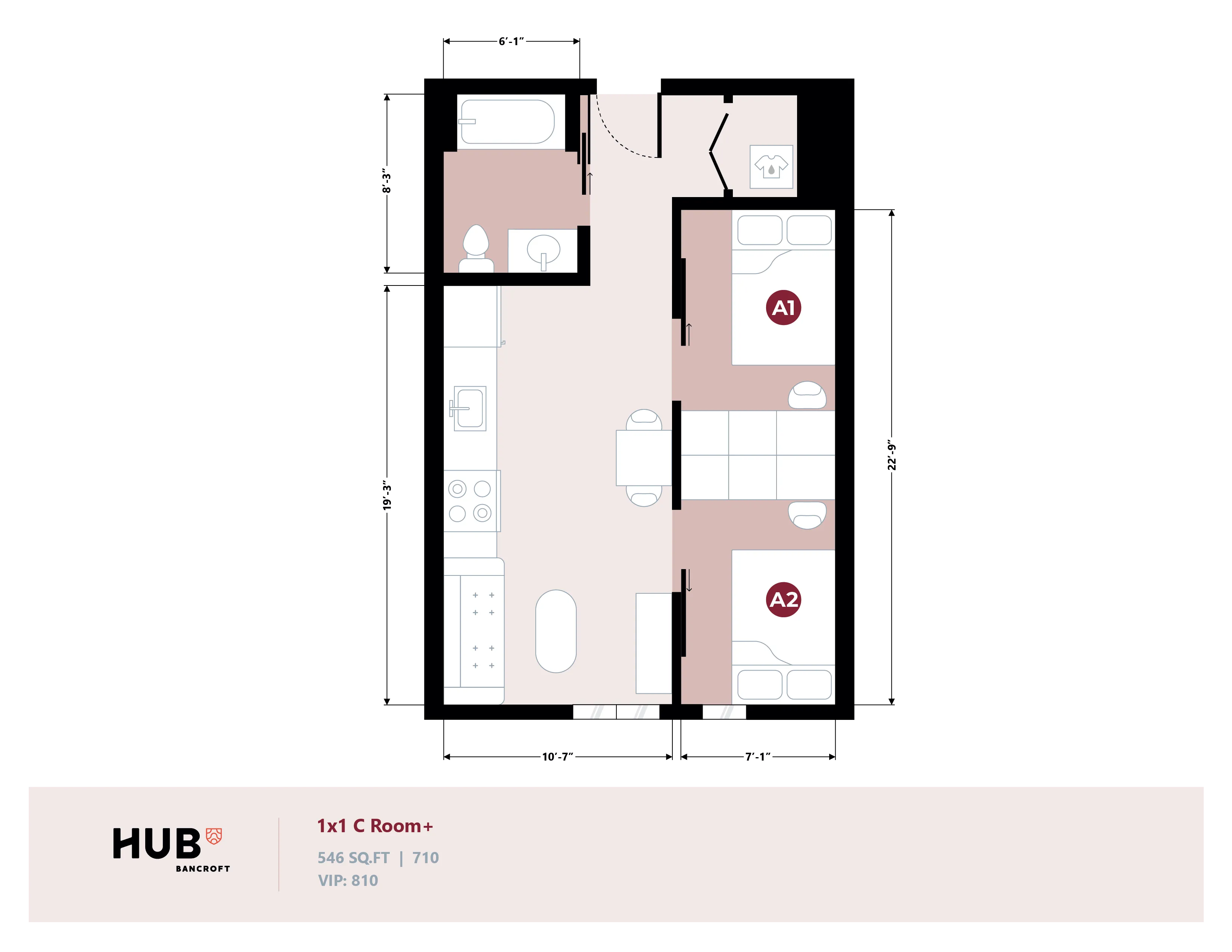 Modern 1x1 C Room+ floor plan at Hub Bancroft, featuring a cozy layout with 2 bedrooms, kitchen, and bathroom, ideal for urban living, 546 sq ft.