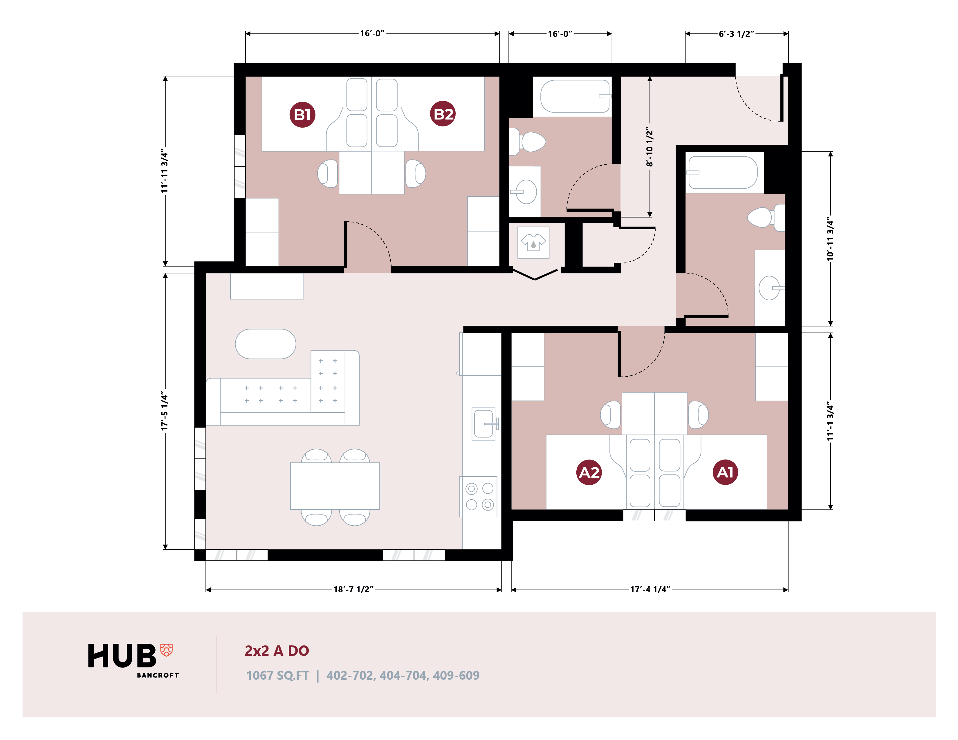 Modern 2x2 apartment floor plan featuring open living area, two spacious bedrooms, and two bathrooms, offering 1067 sq ft of stylish living at HUB Bancroft.